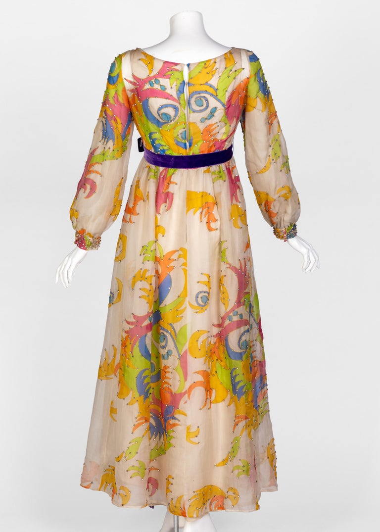 Women's Malcolm Starr Rhinestone Organza Print Dress, 1970s For Sale