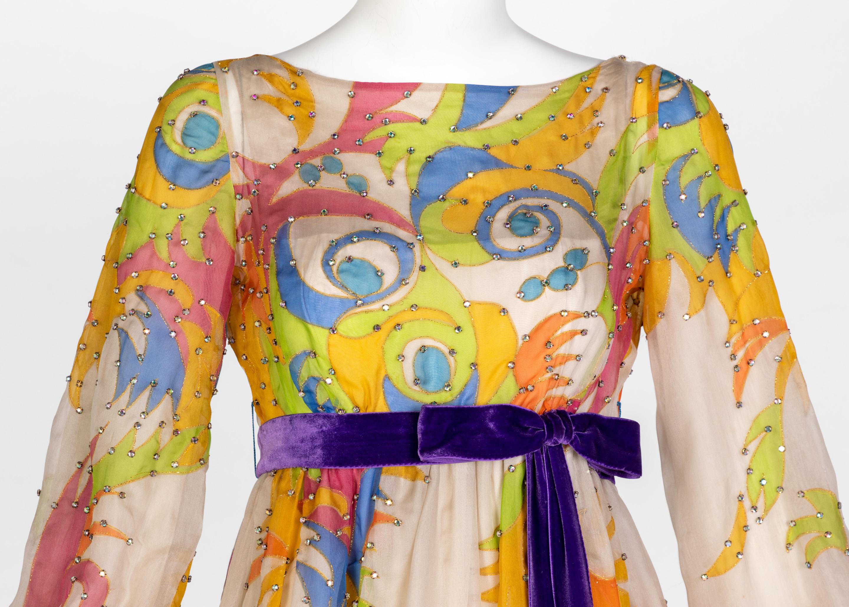 Women's Malcolm Starr Rhinestone Organza Print Dress, 1970s For Sale