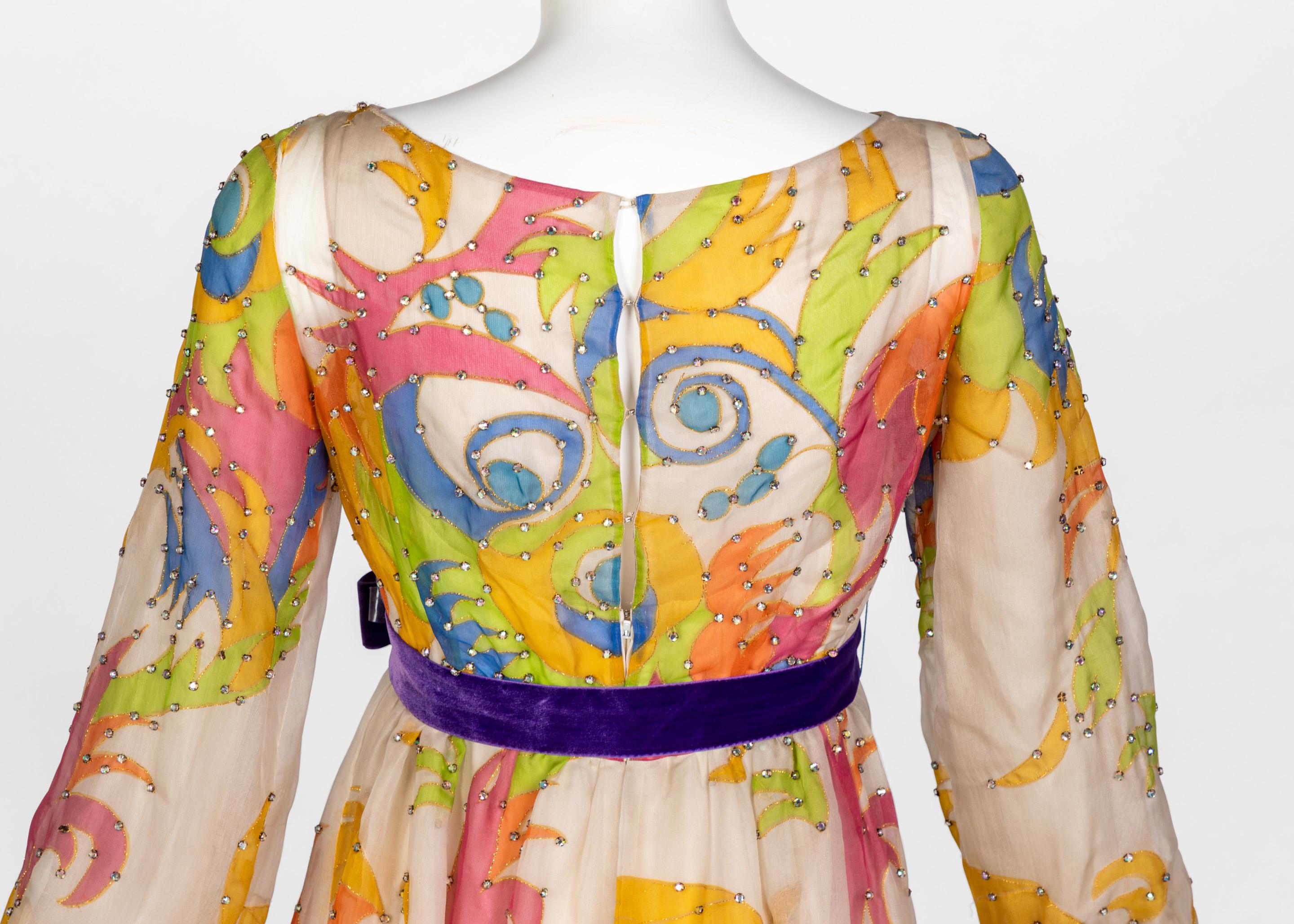 Malcolm Starr Rhinestone Organza Print Dress, 1970s For Sale 2