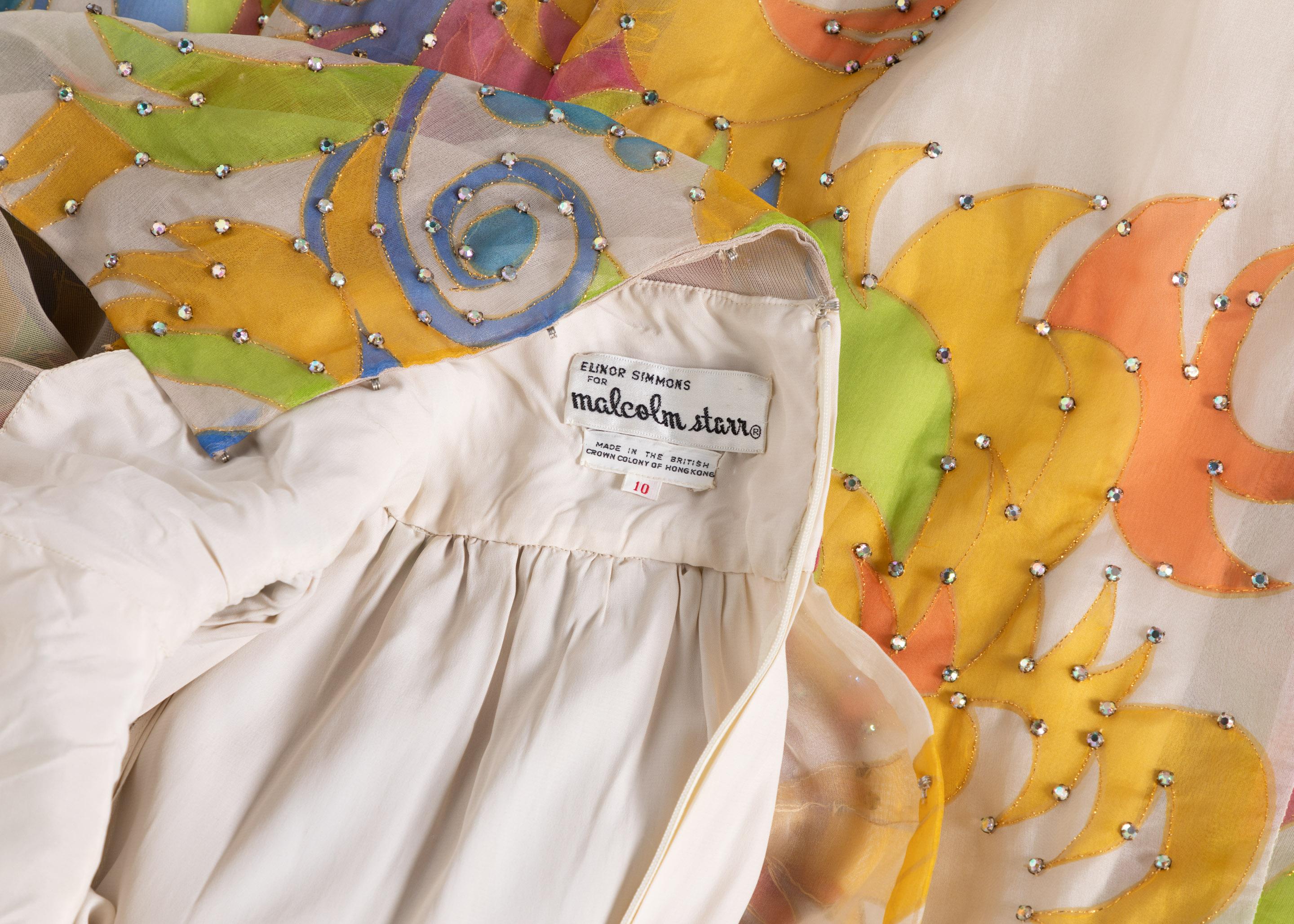 Malcolm Starr Rhinestone Organza Print Dress, 1970s For Sale 4