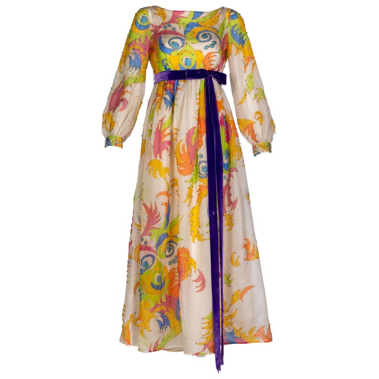 Malcolm Starr Rhinestone Organza Print Dress, 1970s For Sale
