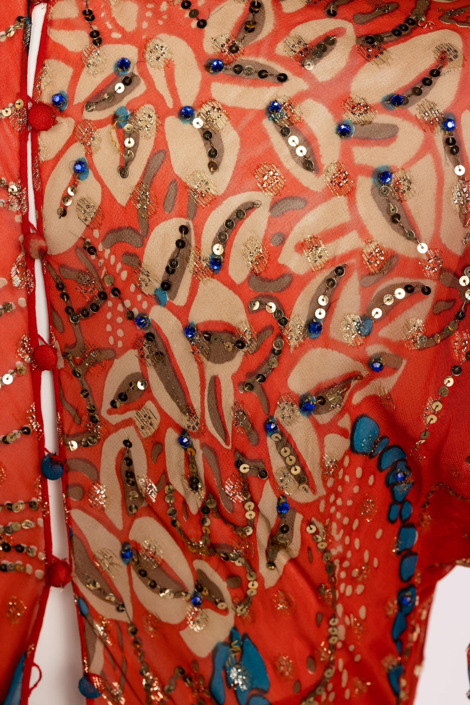 Malcolm Starr Rizkallah Sequined Gold Beaded Red Maxi Dress 1970s For Sale 8