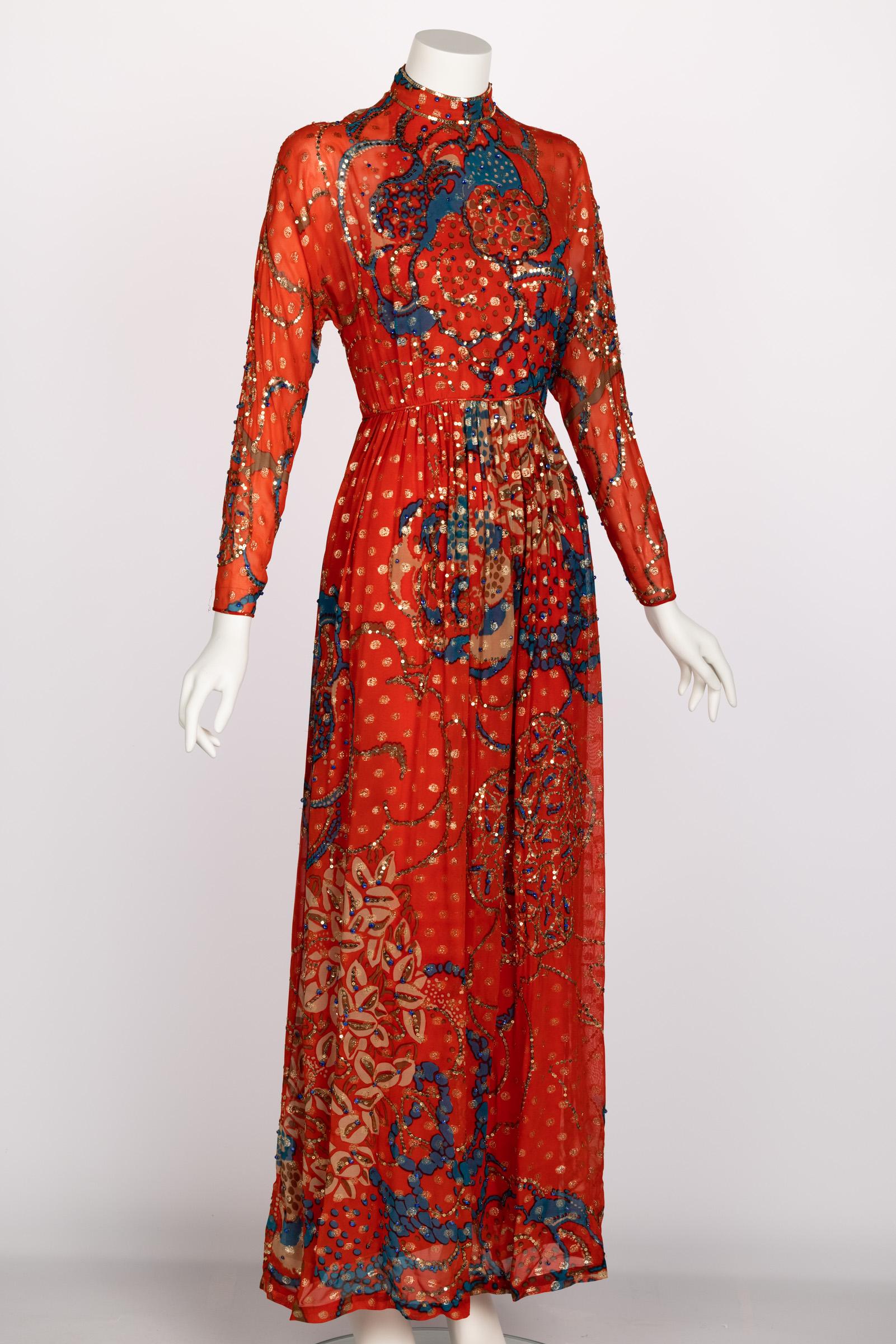 Women's Malcolm Starr Rizkallah Sequined Gold Beaded Red Maxi Dress 1970s For Sale