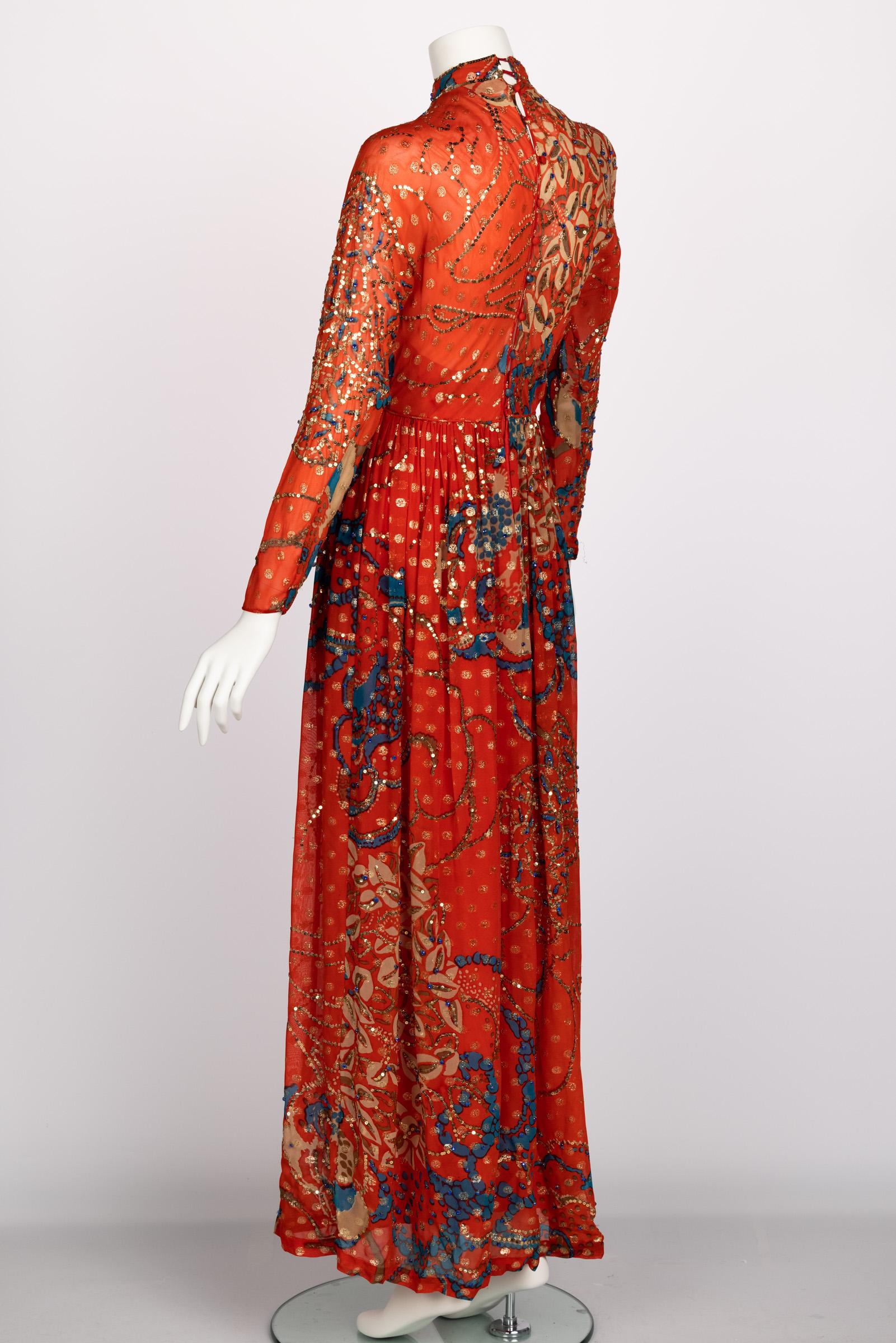 Malcolm Starr Rizkallah Sequined Gold Beaded Red Maxi Dress 1970s In Good Condition In Boca Raton, FL