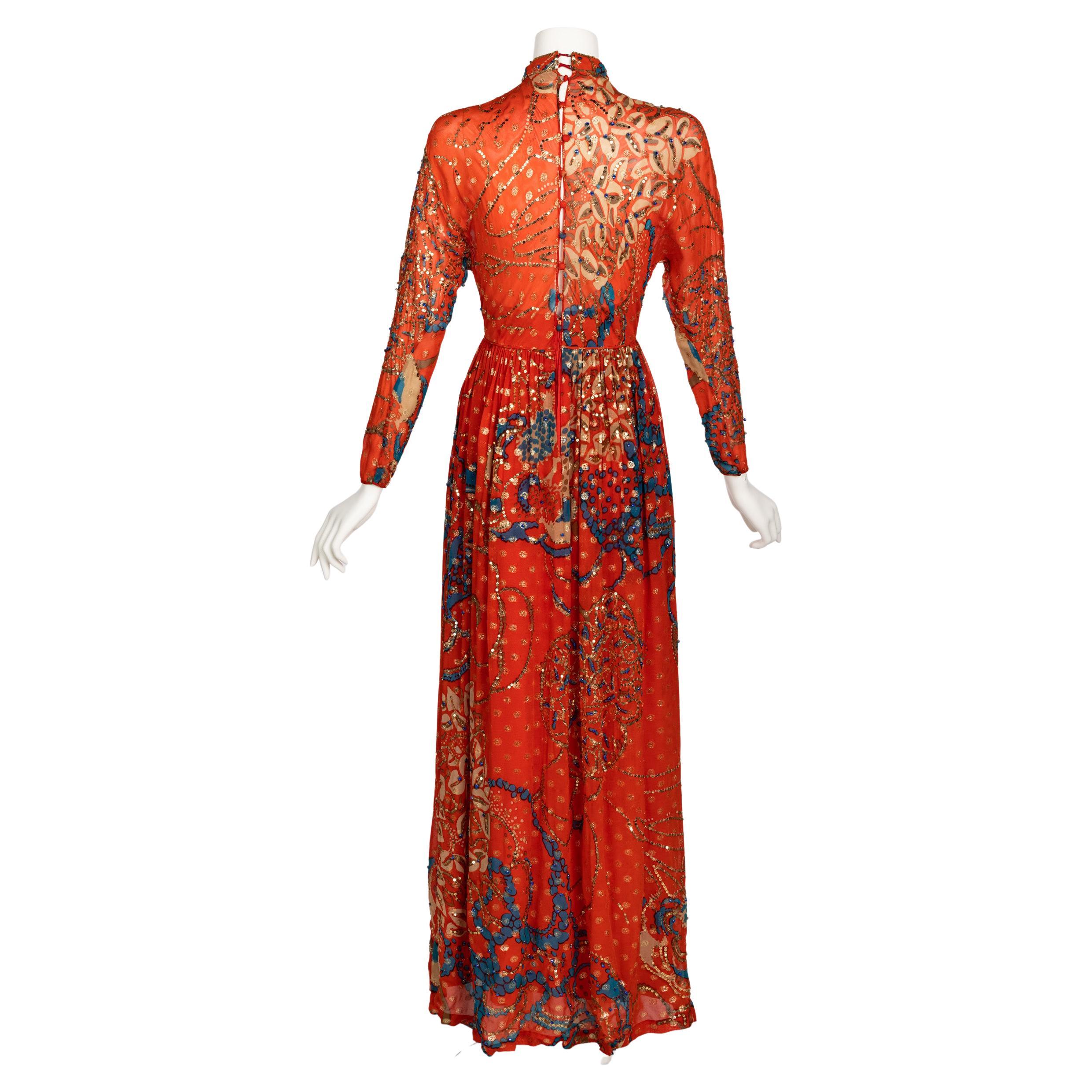 Malcolm Starr Rizkallah Sequined Gold Beaded Red Maxi Dress 1970s For Sale 3