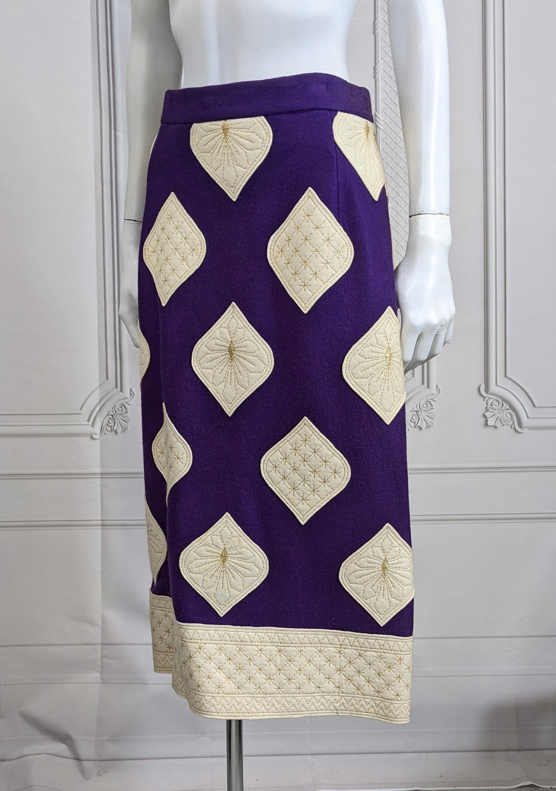 Graphic Malcolm Starr by Morton Myles Wool Felt Applique Flare Skirt from the 1970's. Purple wool felt is appliqued with white motifs topstitched with gold thread with a Middle Eastern vibe. Vintage size 12. Smaller modern size.