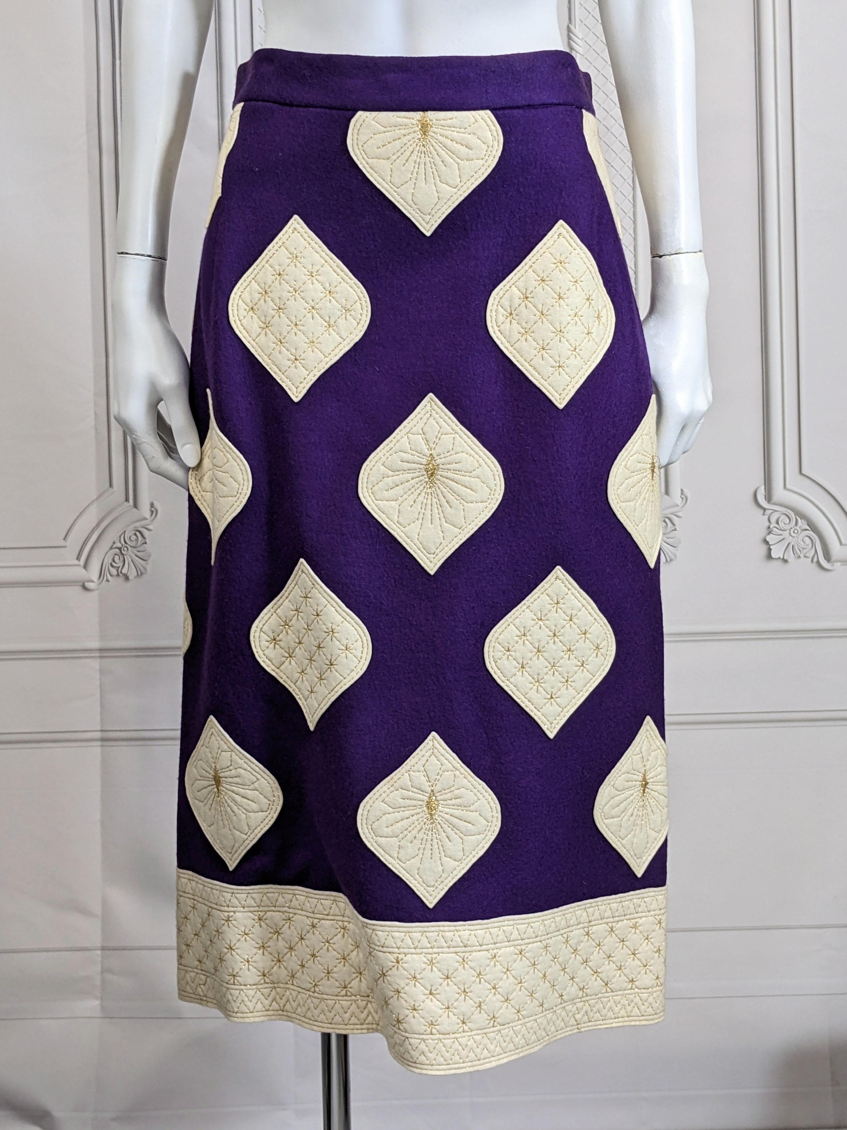 Purple Malcolm Starr Wool Felt Applique Flare Skirt For Sale