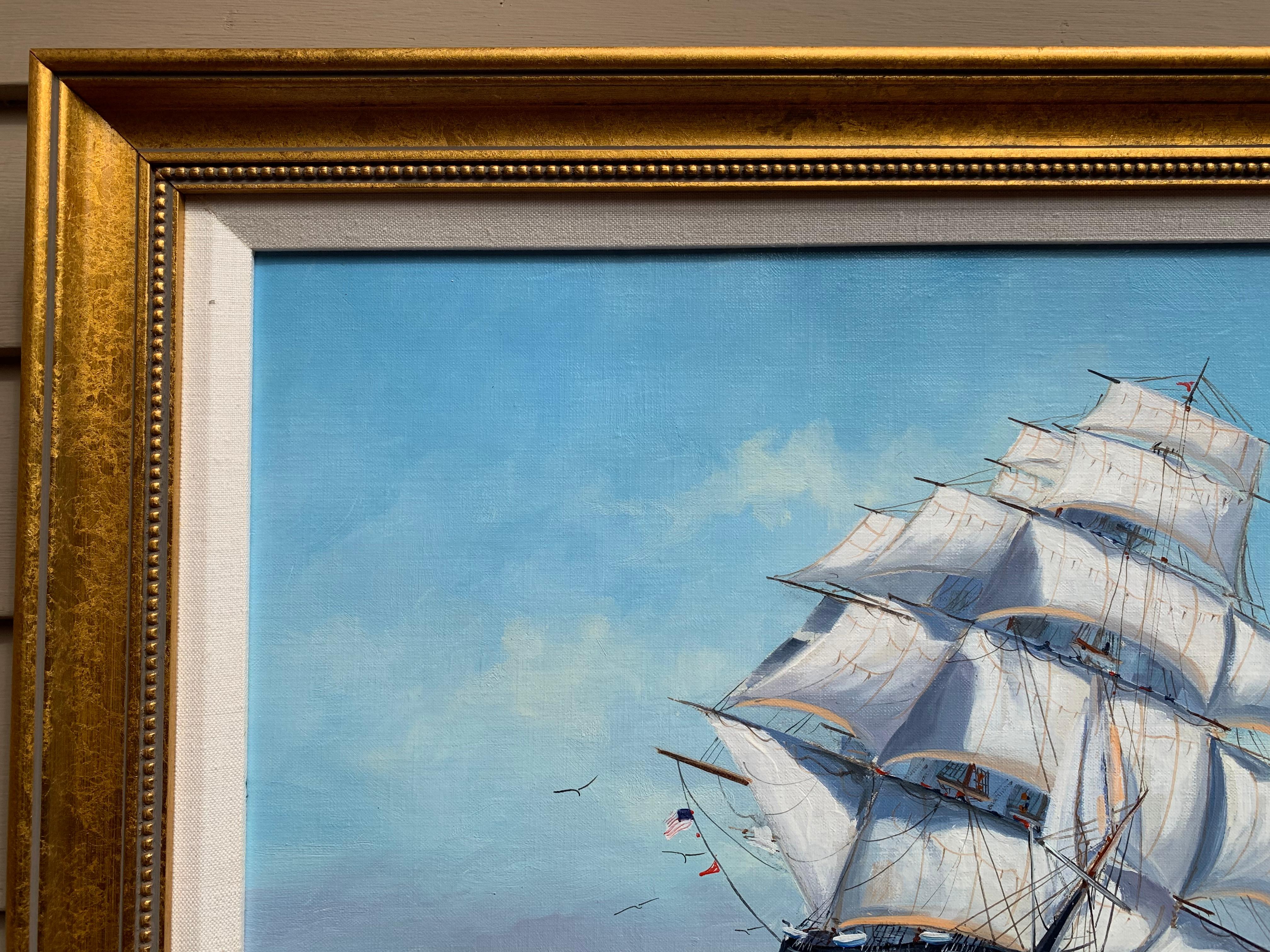 Up for sale is a beautiful original oil painting on canvas depicting sailing ships in the stormy ocean by Listed American Artist Malcolm Waite (XX century).
Malcolm Waite worked in Massachusetts (Cape Cod). He painted the ocean and beach scenes,