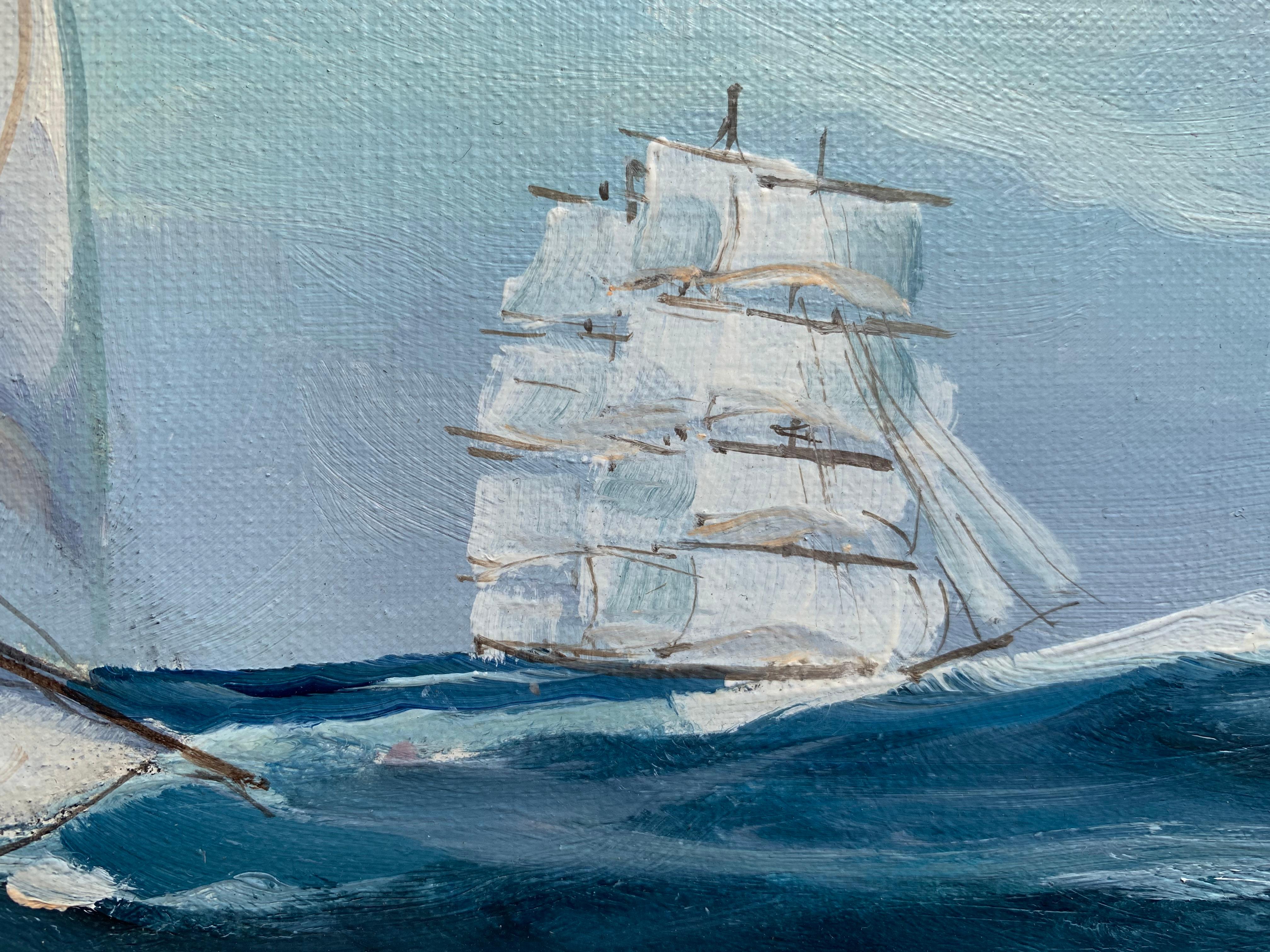 Listed American Artist Malcolm Waite (XX), oil painting, Seascape, Sailing Ship For Sale 3