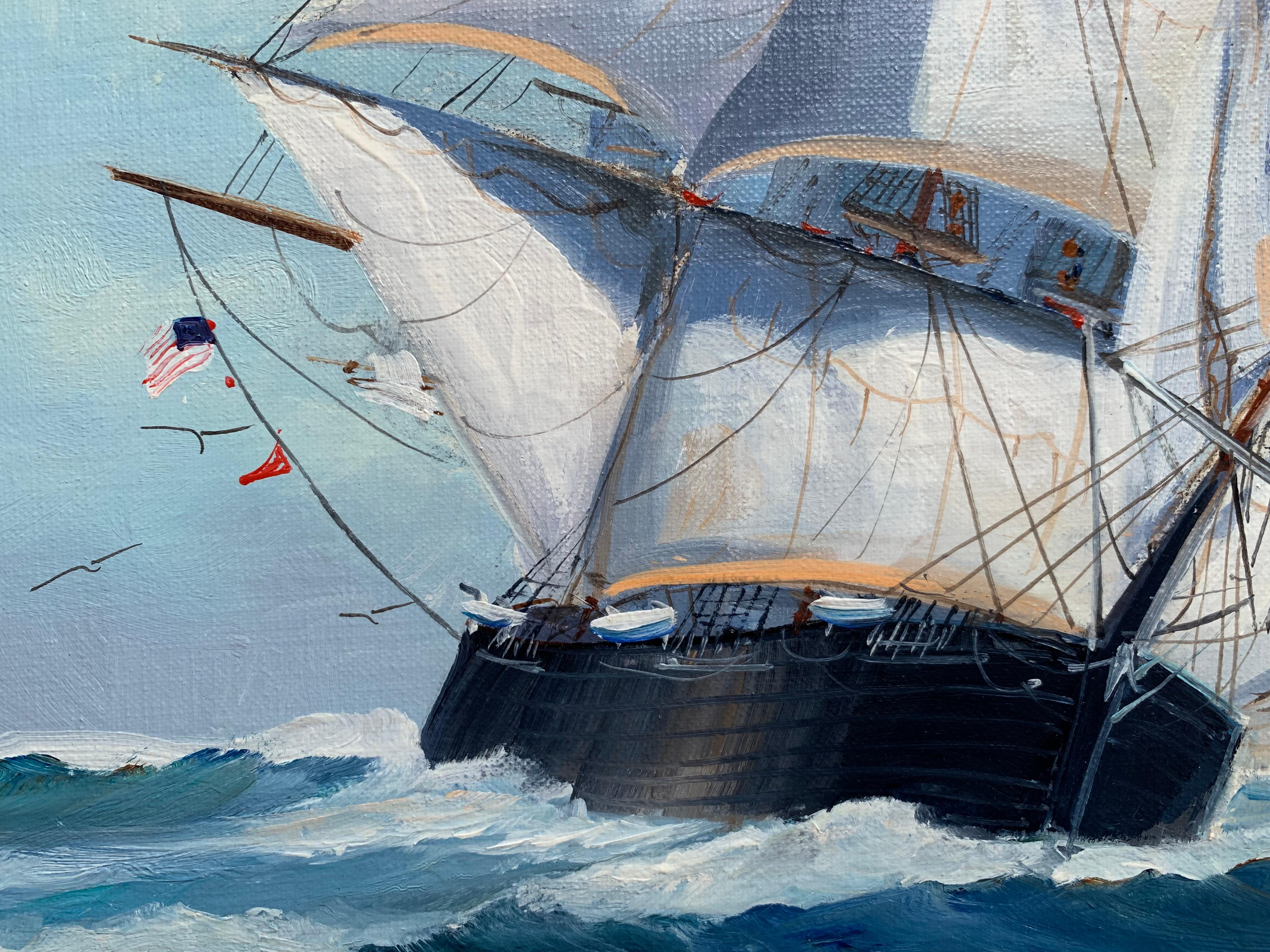 Listed American Artist Malcolm Waite (XX), oil painting, Seascape, Sailing Ship For Sale 4