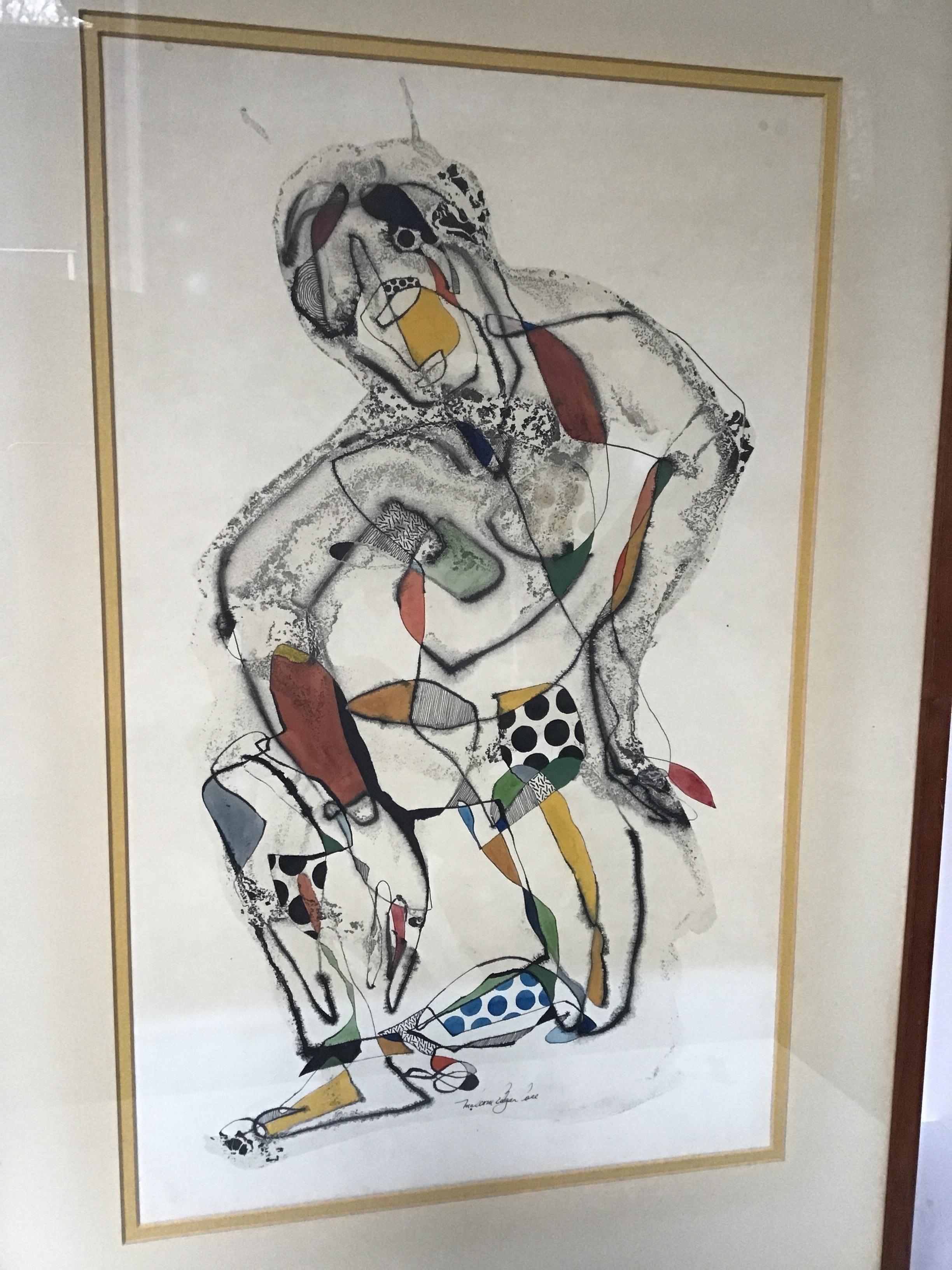 1950s Malcom Edgar case ink and watercolor of kneeling man.