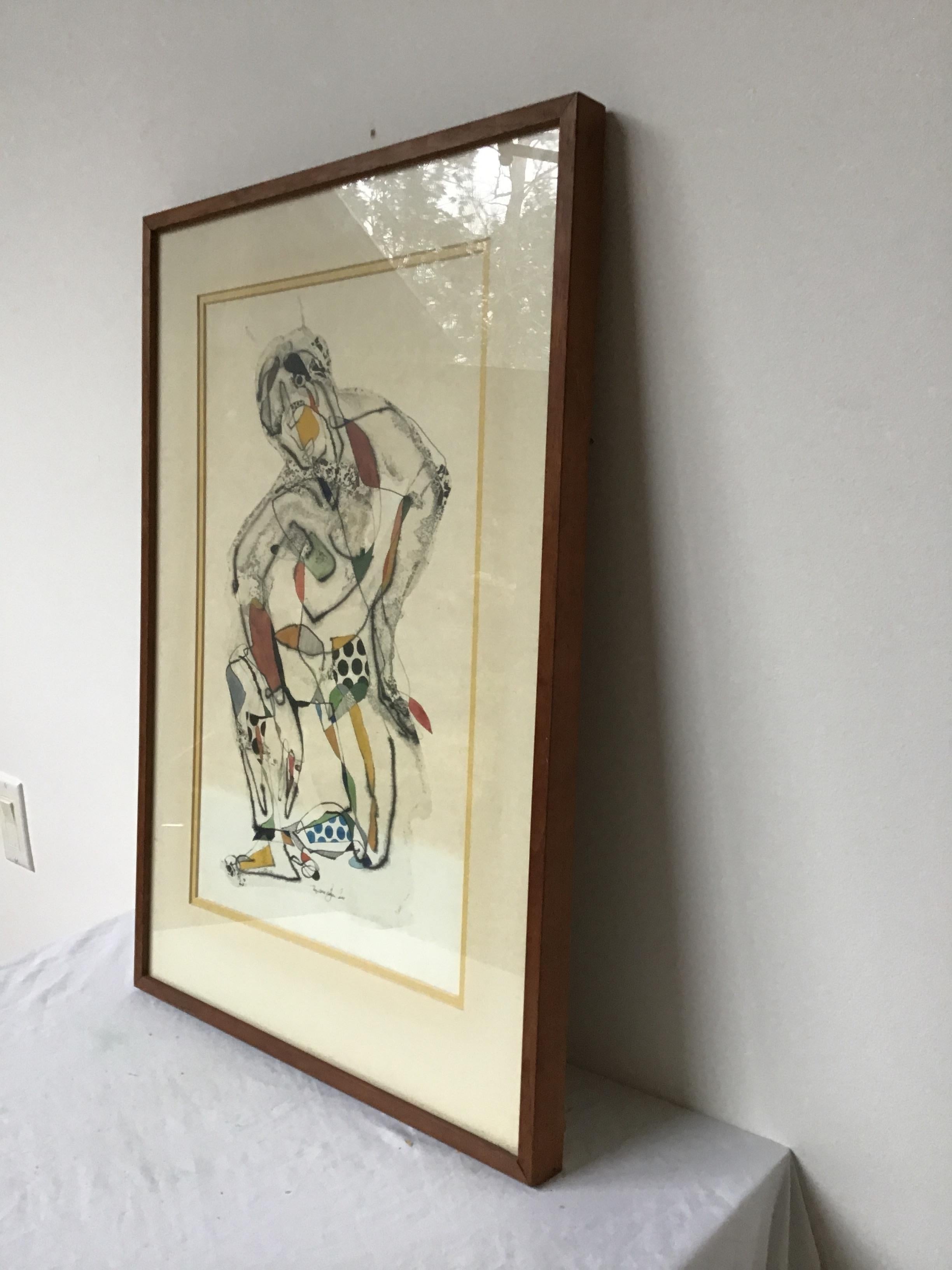 Malcom Edgar Case Ink and Watercolor of Kneeling Man In Good Condition In Tarrytown, NY
