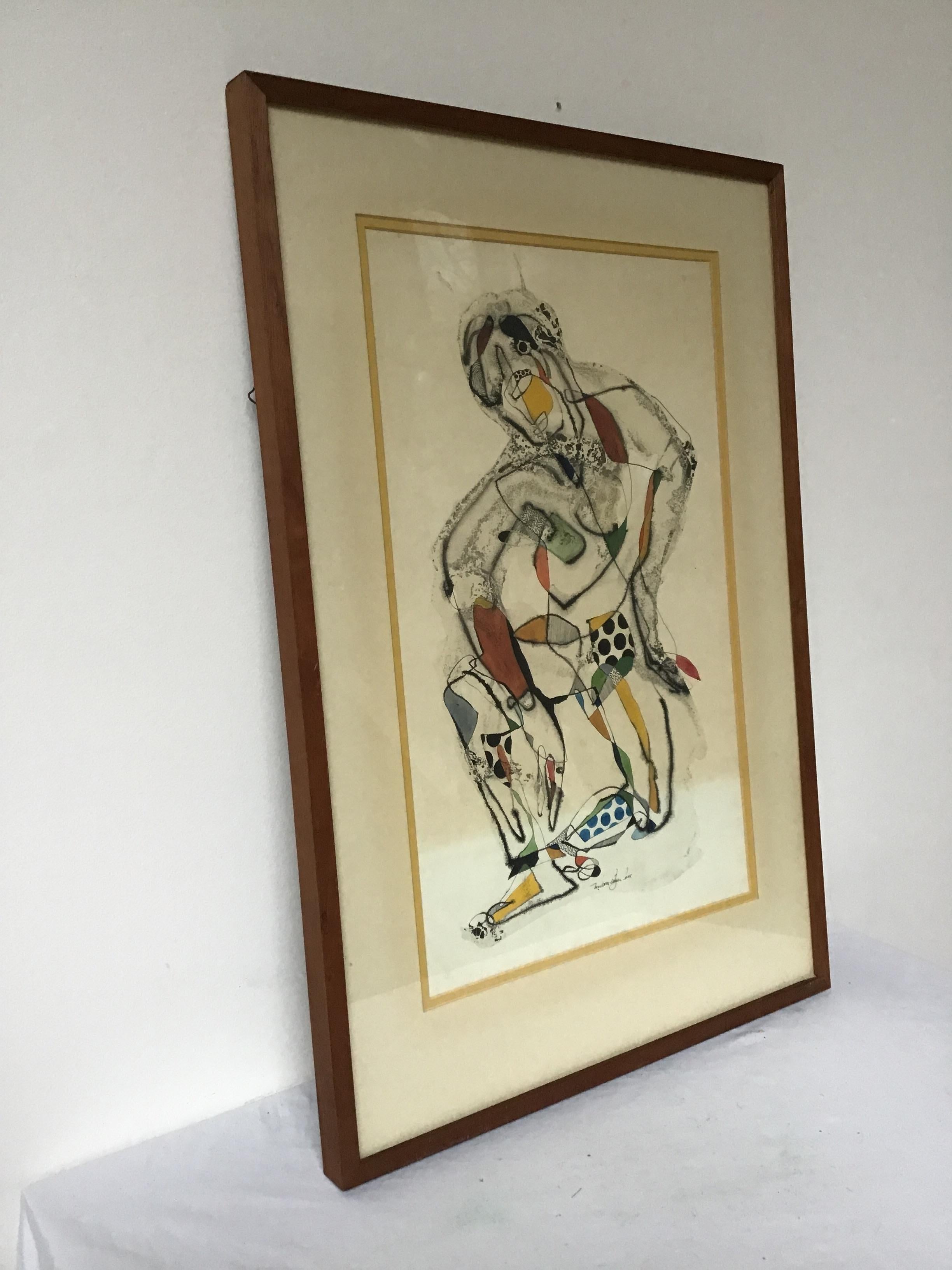 Mid-20th Century Malcom Edgar Case Ink and Watercolor of Kneeling Man