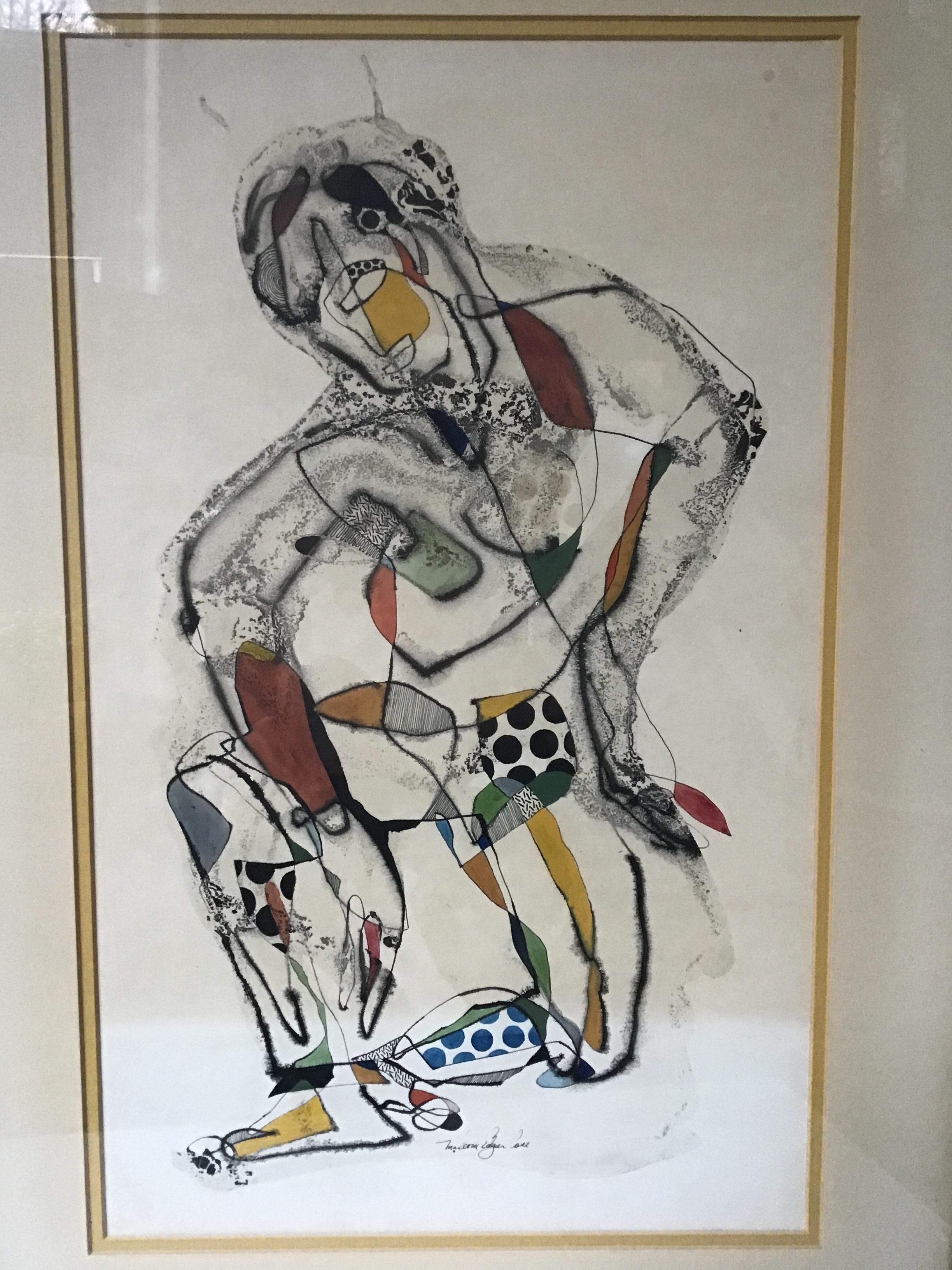 Malcom Edgar Case Ink and Watercolor of Kneeling Man 1