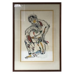 Malcom Edgar Case Ink and Watercolor of Kneeling Man