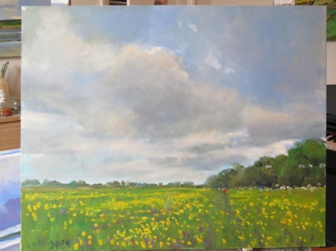 Buttercup Meadow, arte original, arte paisajístico, Yorkshire - Landscape Painting Gris de Malcom Ludvigsen