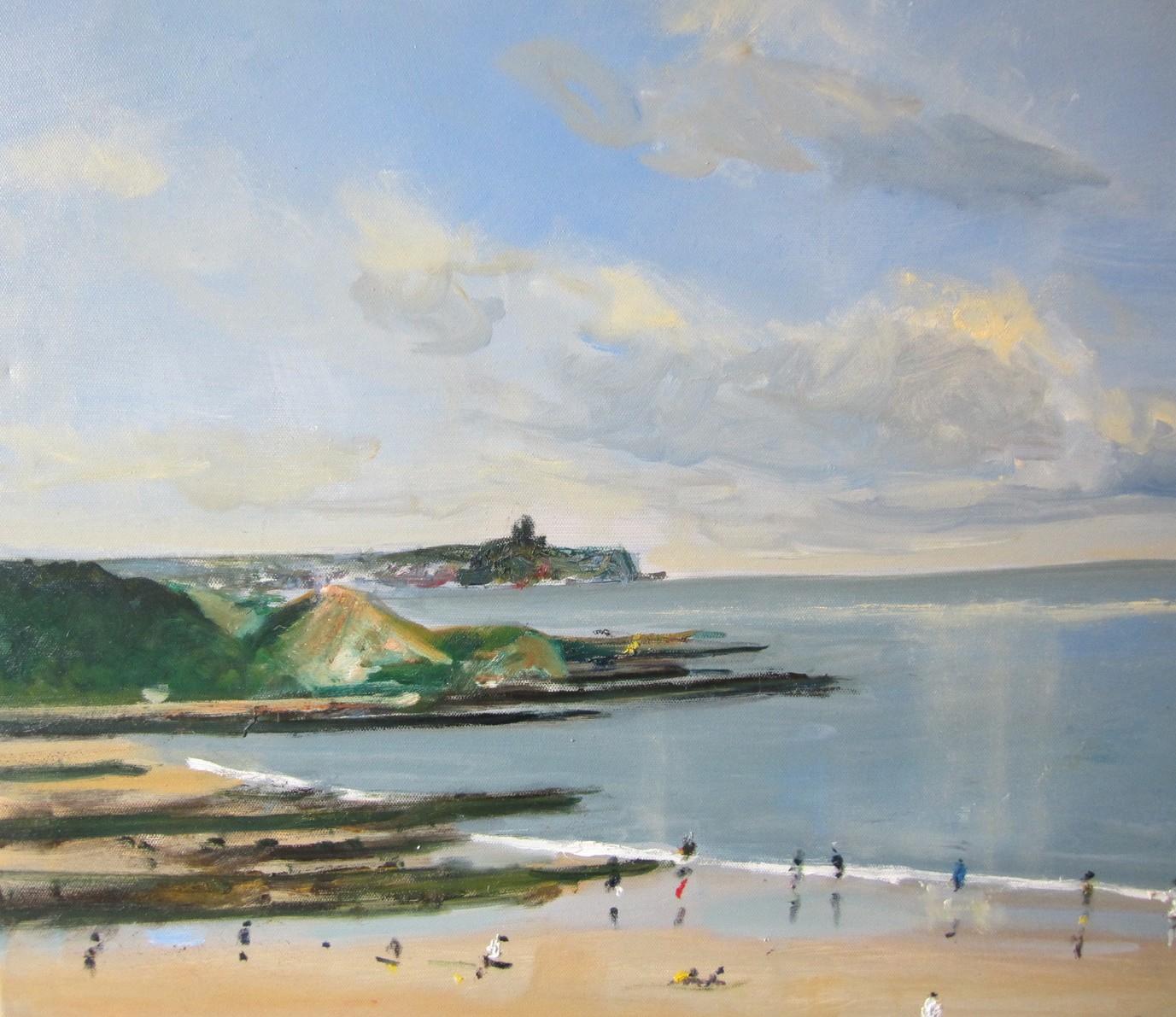 Cayton Bay, Juni 17, Originalgemälde, Landschaft, Meereslandschaft, Strand – Painting von Malcom Ludvigsen
