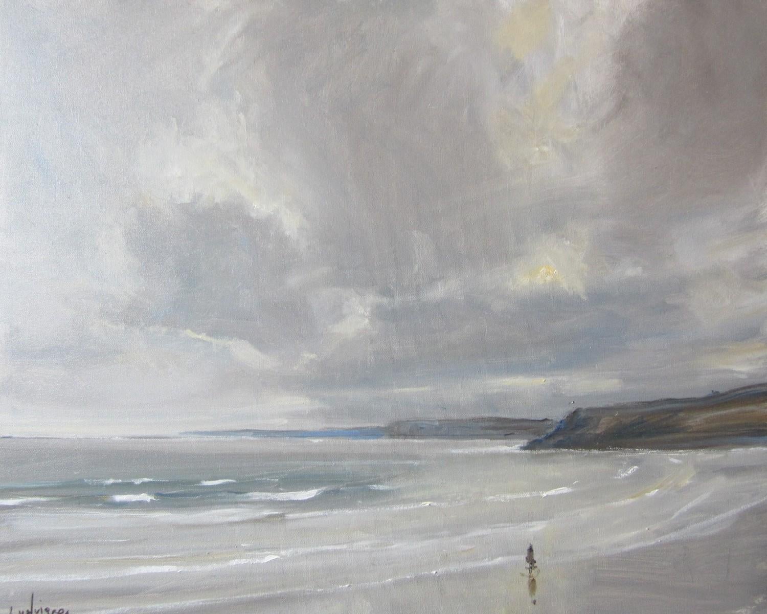 Scarborough, 5 de marzo, Pintura original, Paisaje, Paisaje marino, Playa - Landscape Painting Gris de Malcom Ludvigsen
