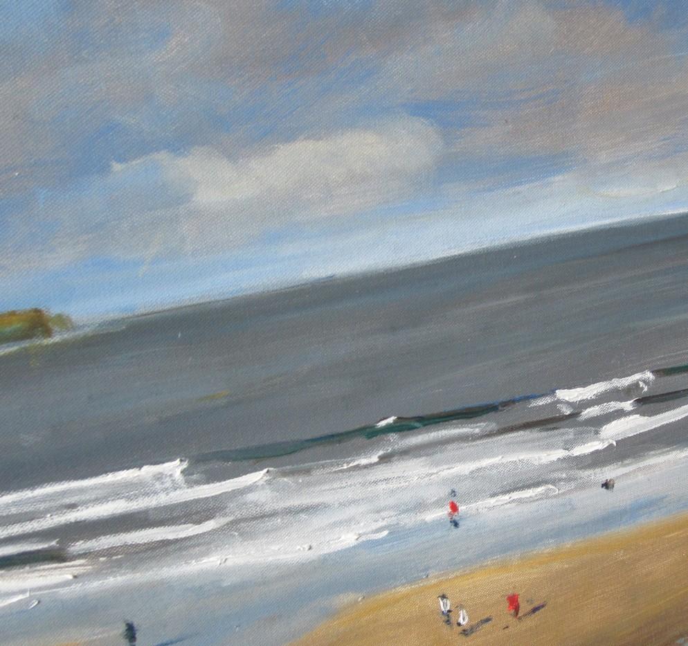 Spiaggia di Whitby, 4 agosto, Quadro originale, Paesaggio, Paesaggio marino, Spiaggia - Landscape Painting Grigio di Malcom Ludvigsen