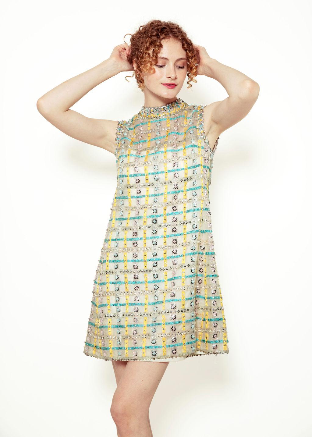 Malcom Starr 1960's Beaded Pastel Cocktail Dress In Good Condition In Los Angeles, CA