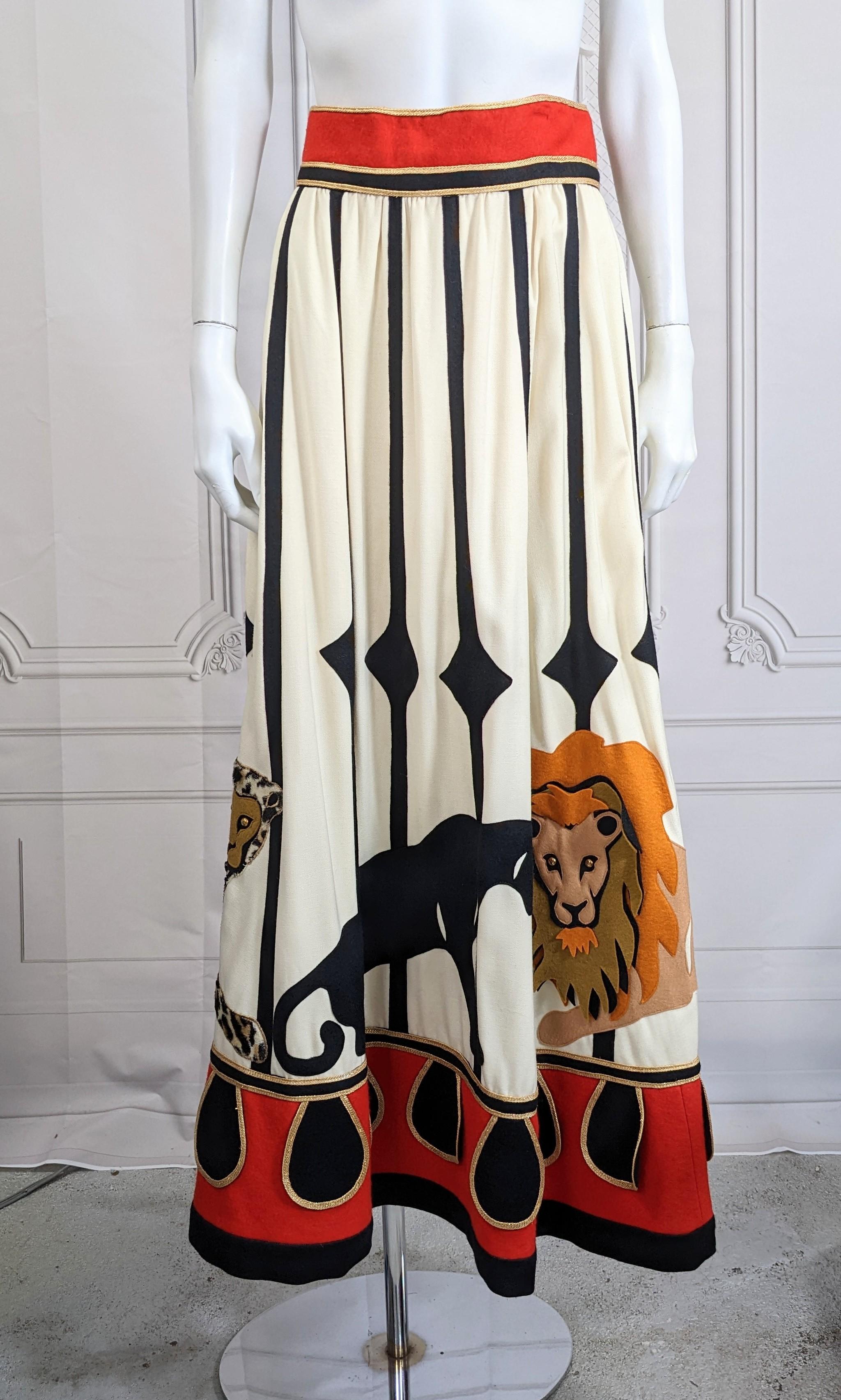 Malcom Starr Iconic, Collectible Circus Themed Hostess Skirt from the 1970's. Wonderful, quirky design with a simple full dirndl shape with applied cell bars with 3 large cats (lion, cougar, cheetah) applied along the hem. Wool twill is appliqued