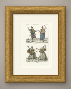 Männliche und weibliche Tänzer aus der europäischen Türkei, handkolorierte Lithografie, 1842