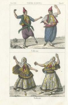 Männliche und weibliche Tänzer aus der europäischen Türkei, handkolorierte Lithografie, 1842
