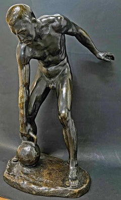 "Atleta masculino con pesa rusa", rara escultura de bronce con desnudo masculino de Seifert