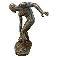 "Male Athlete with Kettlebell", Rare Bronze Sculpture with Male Nude by Seifert