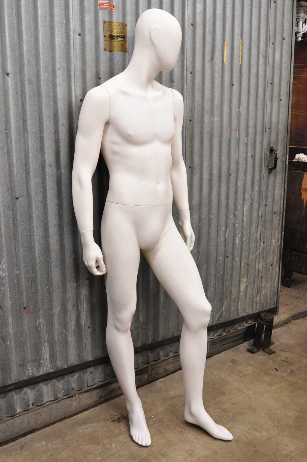 Male Fiberglass White Matte Finish Full Body Display Mannequin by Almax (A). Item features an egg head, 5 piece assembly, original box, not free standing, does not include base. Does not free stand. Circa 20th to 21st Century. Measurements: 74