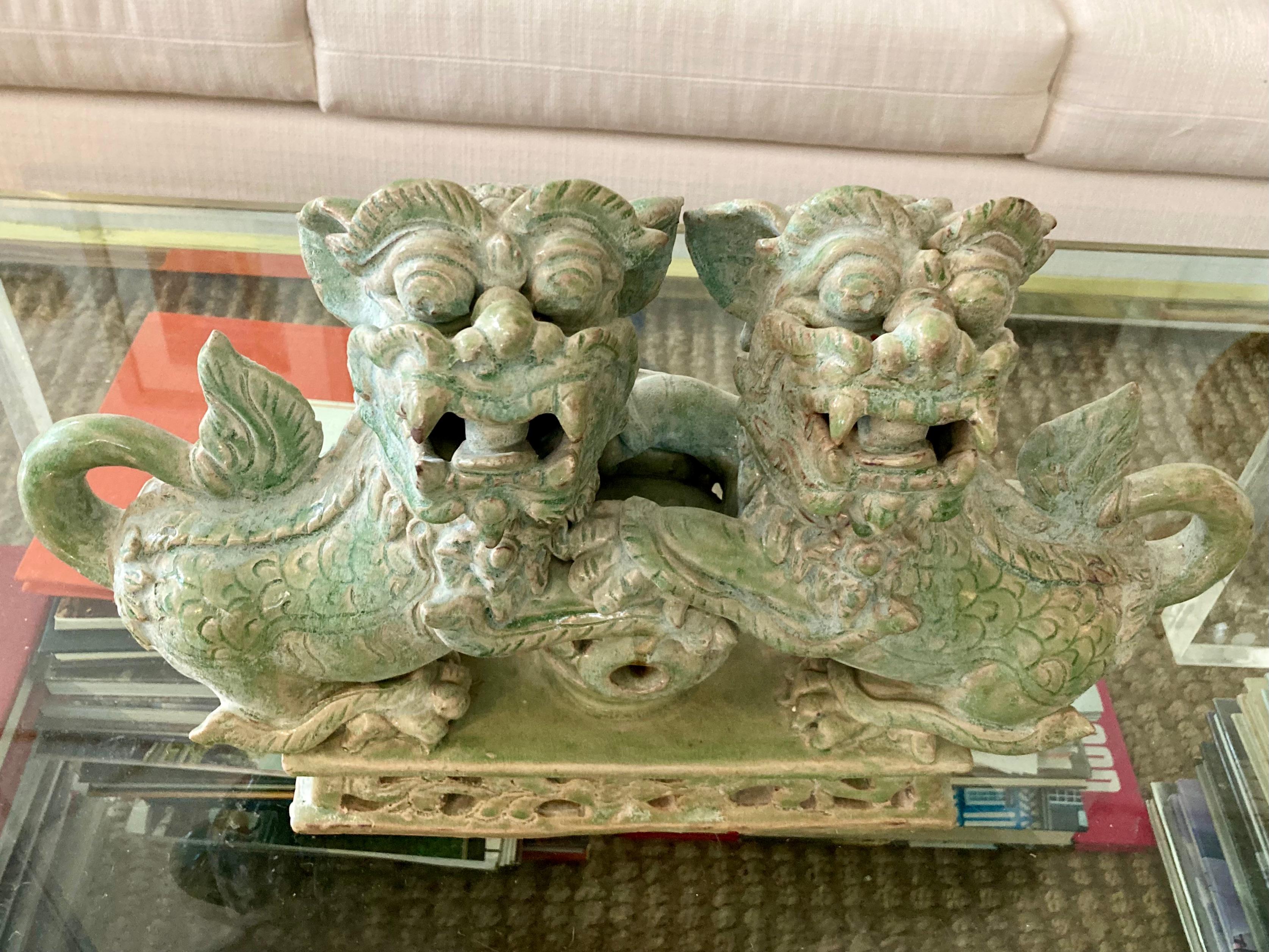 Terracotta Male Foo Dogs Holding the Earth For Sale