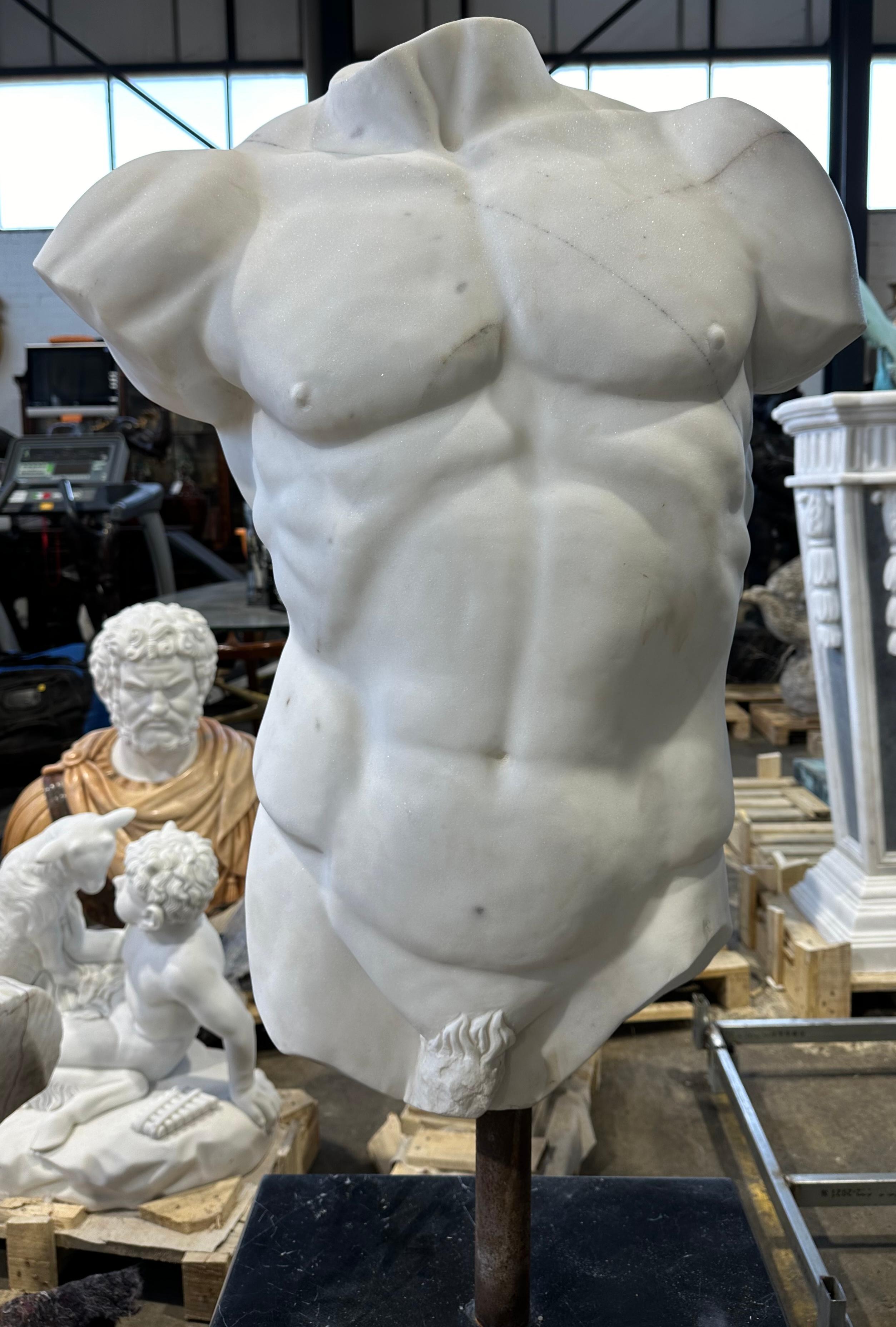 A handsome hand-carved marble male torso in white marble on a black marble square base. The torso is skilfully carved with rippling muscles which complement the smoothness of the marble skin. A large and imposing piece that would look very grand in