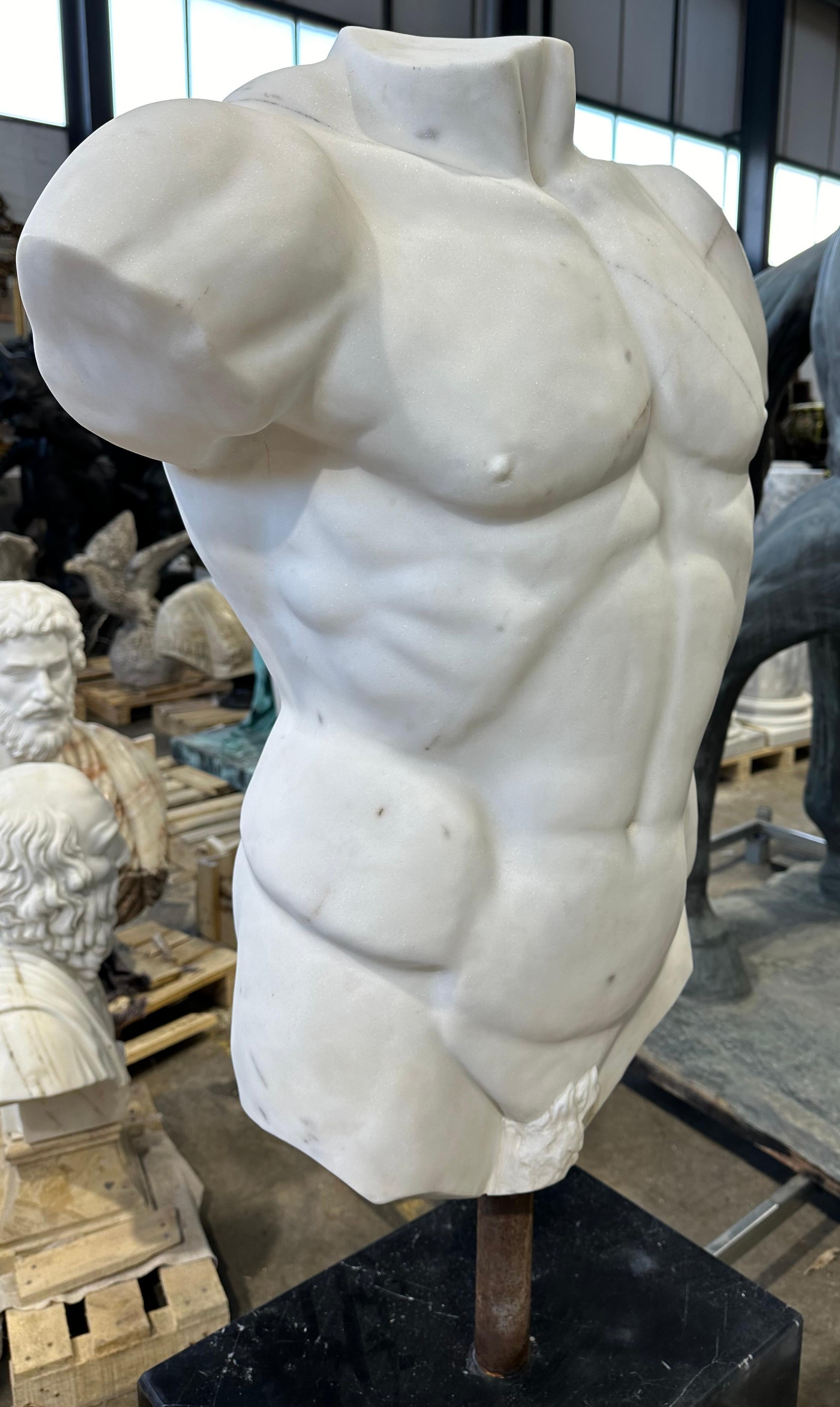 Male Marble Torso On Black Marble Base In Good Condition For Sale In Southall, GB