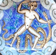 "Male Nude and Serpent, " Art Deco Dish by Cazaux in Blue and Gray, 1920s