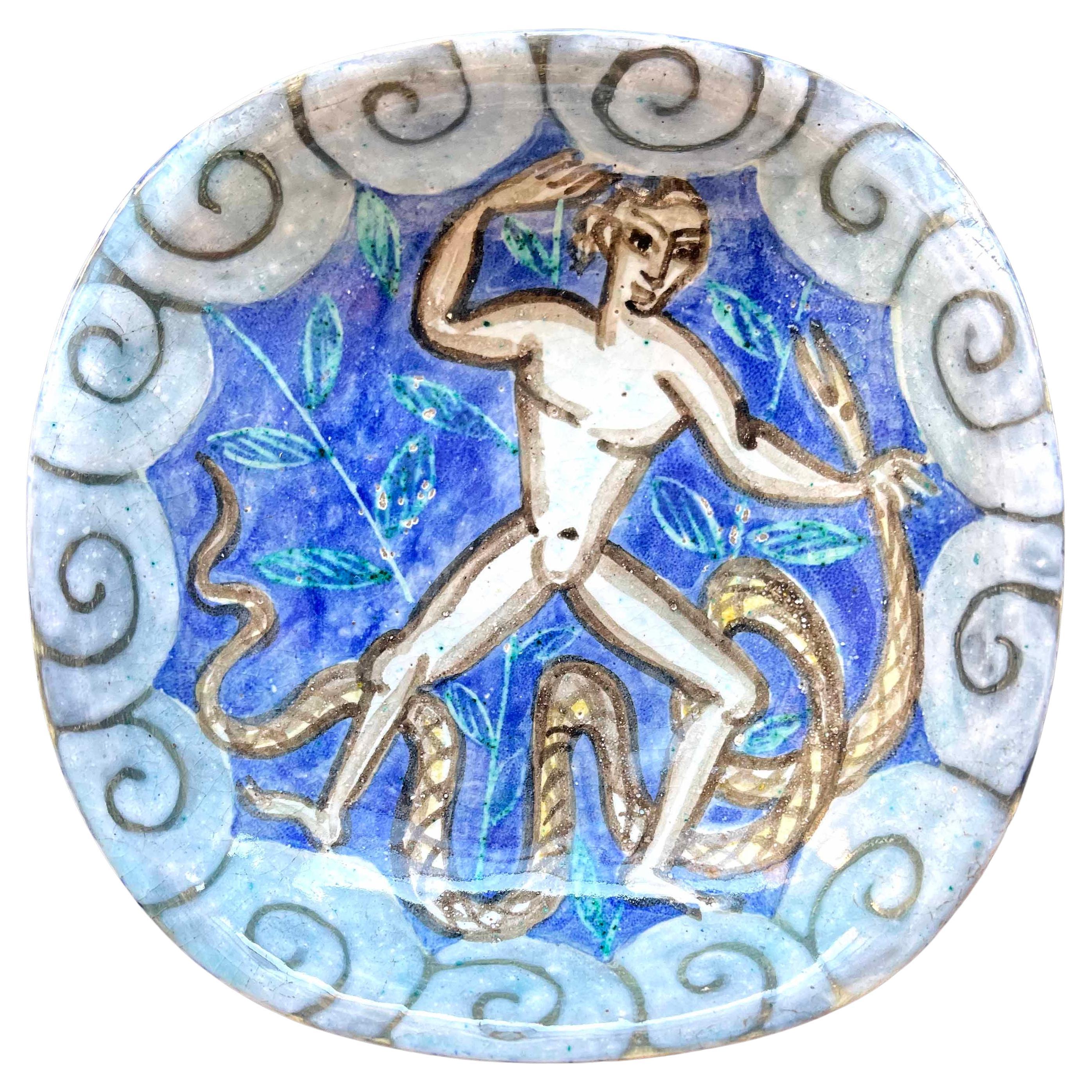 "Male Nude and Serpent, " Art Deco Dish by Cazaux in Blue and Gray, 1920s For Sale
