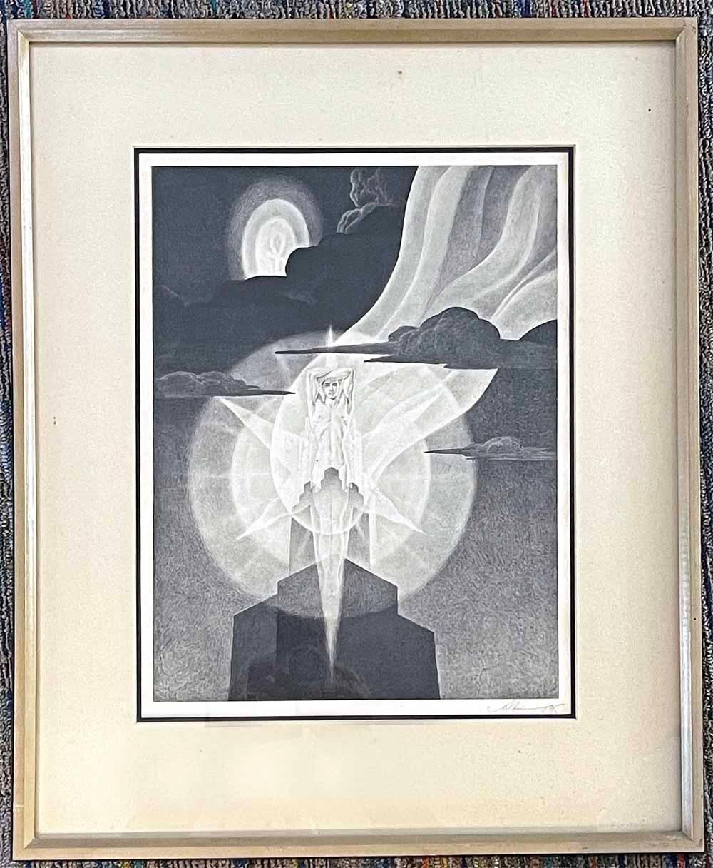 Milieu du XXe siècle « Majestueux nu et gratte-ciel », rare, signé, impression surréaliste Art déco par Avinoff en vente
