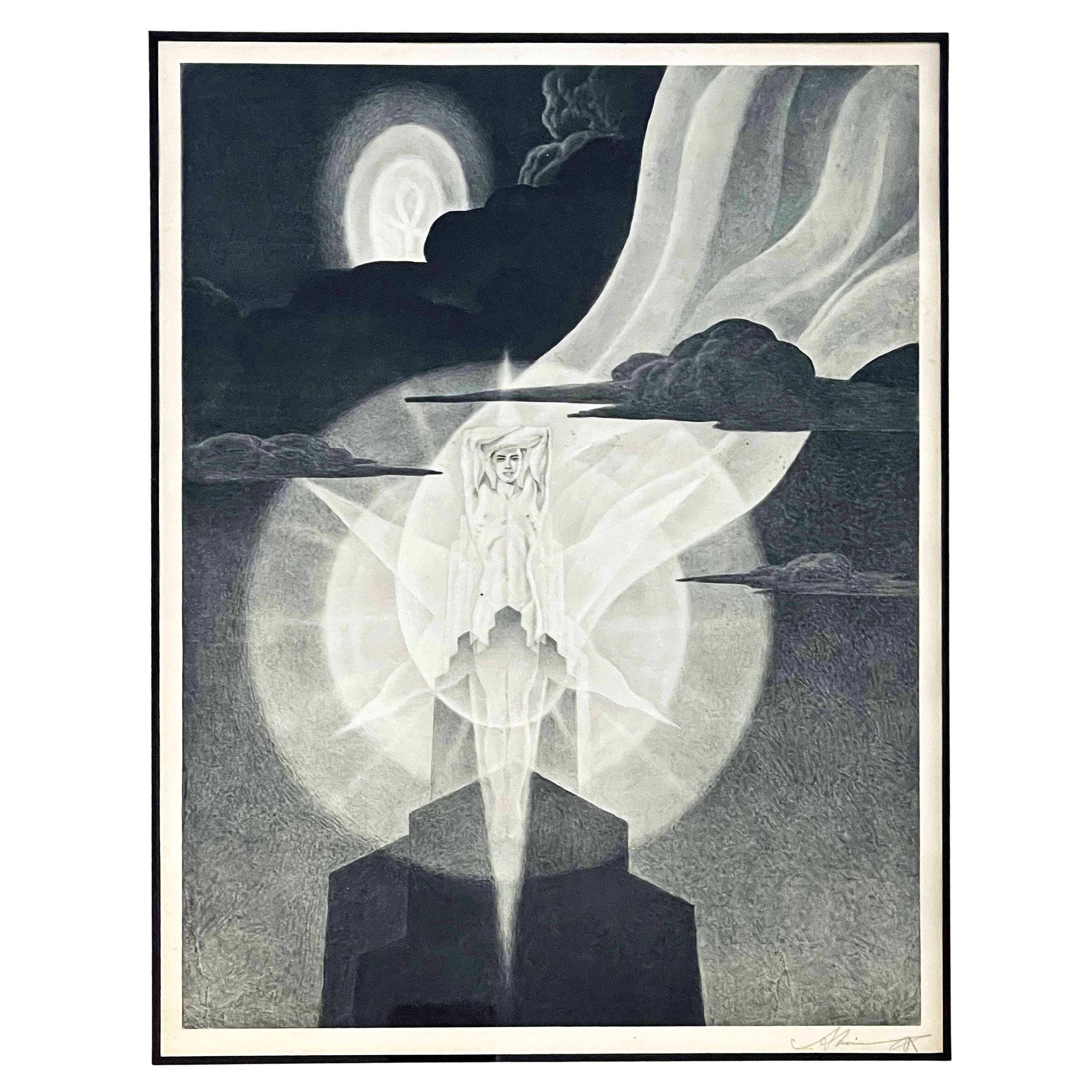 „Male Nude and Skyscraper“, seltener, signierter surrealistischer Art-Déco-Druck von Avinoff im Angebot