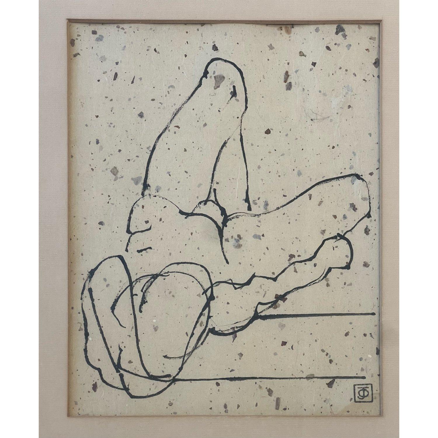 Original artwork by artist Jean Olds. Entitled and depicting a nude male. Ink on rice paper, the materials used give this piece a richness and textured appeal which balances the minimal subject. Framed in the original slim wooden frame. In overall