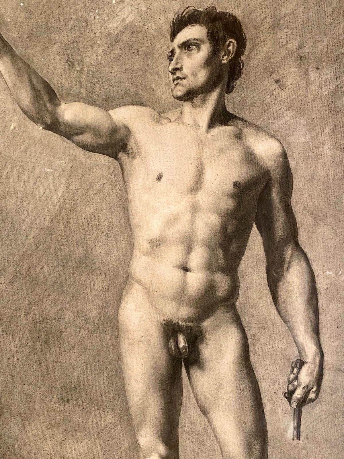 A circa 1930's French charcoal study of male nude figure, unsigned.

Measurements:
(including frame)
Height: 31.5