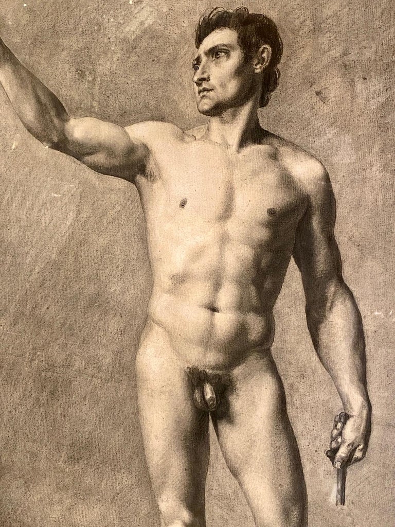 A circa 1930's French charcoal study of male nude figure, unsigned.

Measurements:
(including frame)
Height: 31.5