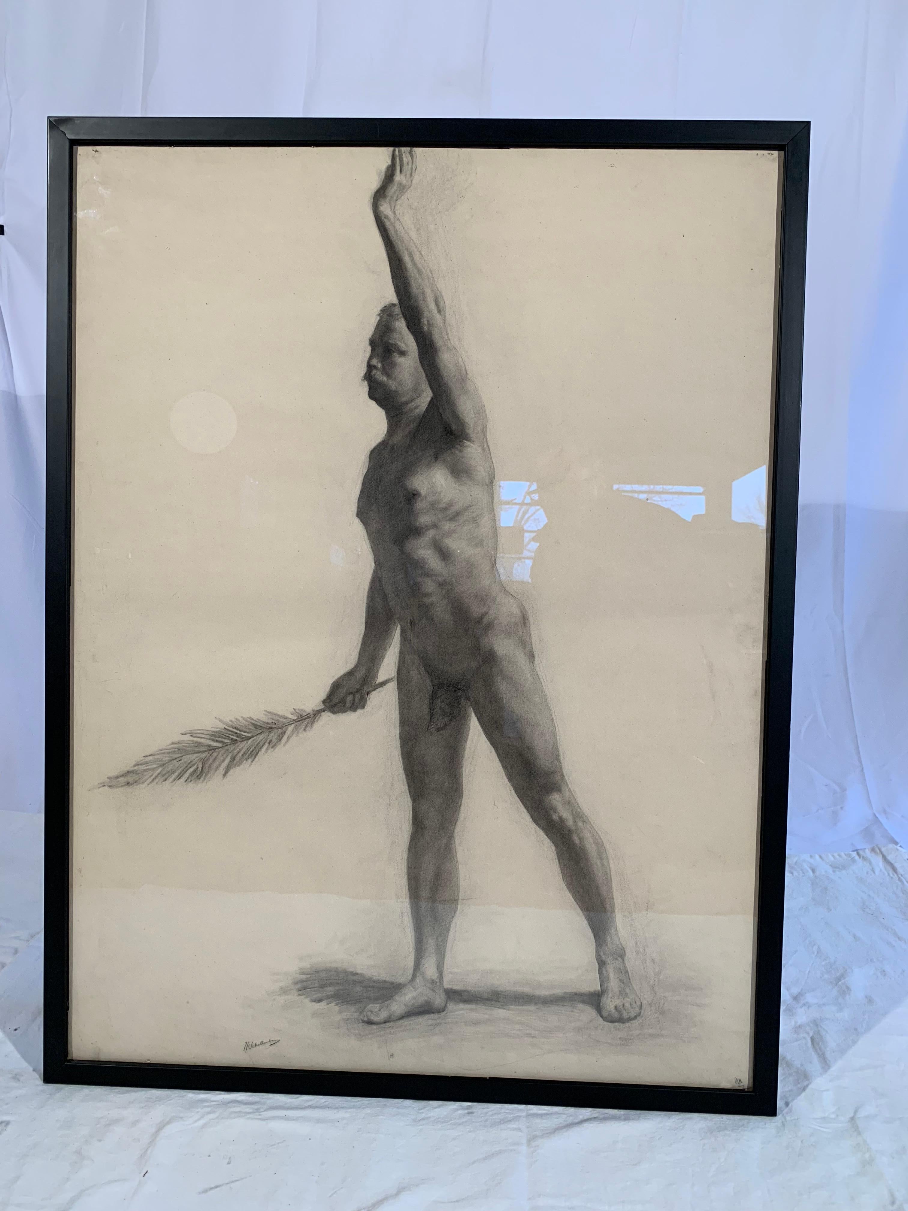 A fantastic pair of male nude drawings, sold separately, by Hermanus Schellenberg, 1923.
The pair of charcoal drawings are signed by the artist. Included is information on the artist. Both drawings are framed and ready to hang. They are not the