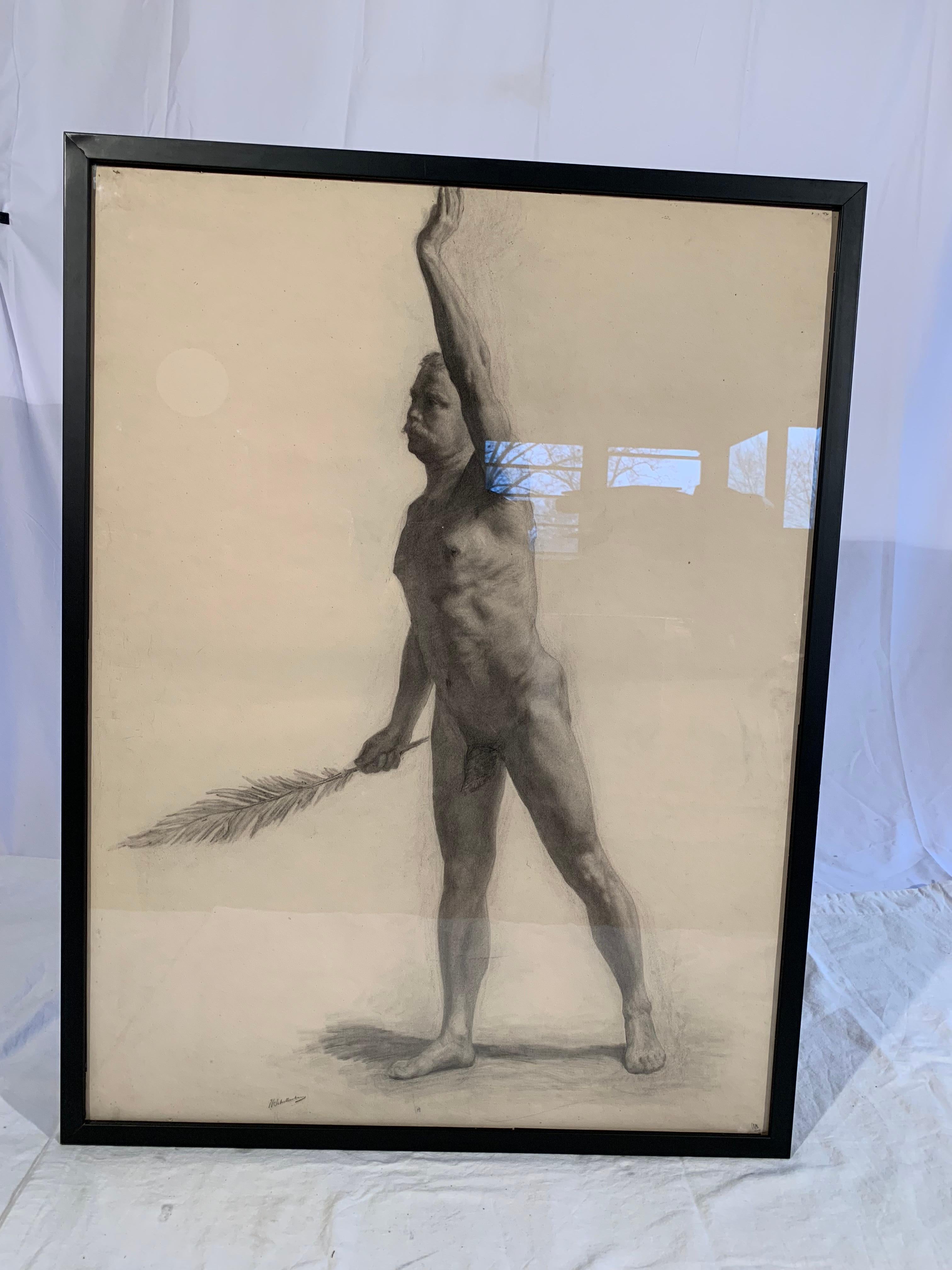 Hellenistic Male Nude Drawing by Hermanus Schellenberg, 1923 For Sale