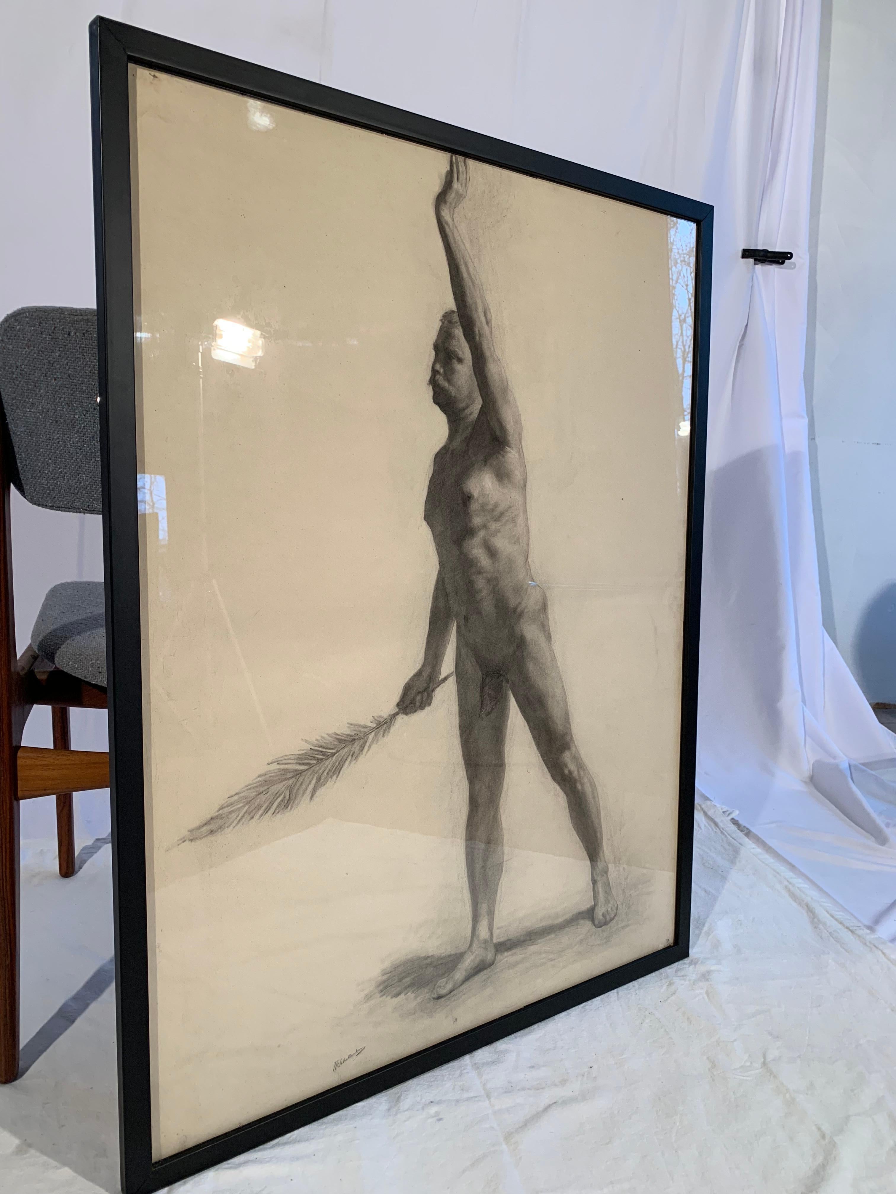 Hand-Crafted Male Nude Drawing by Hermanus Schellenberg, 1923 For Sale