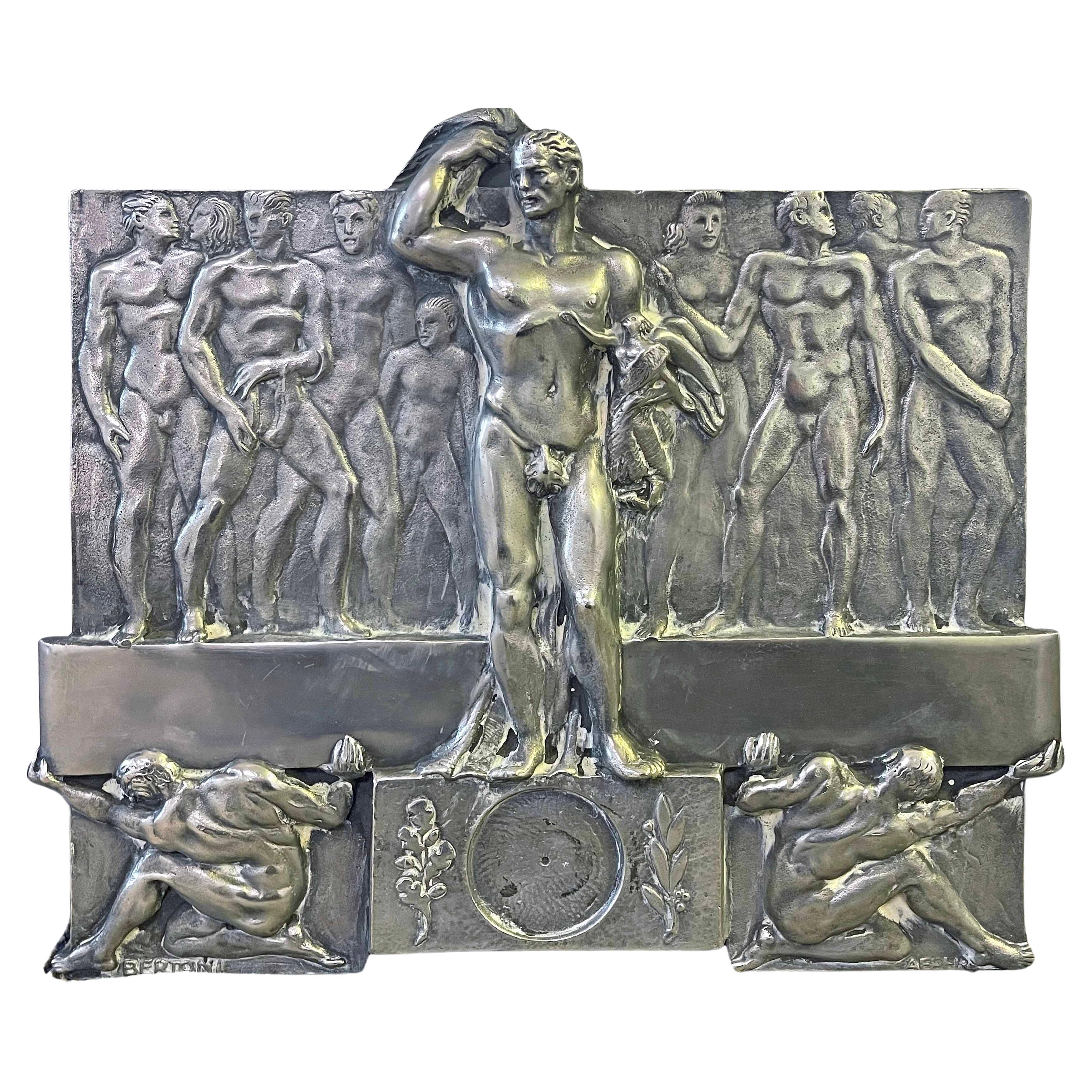 "Male Nude Frieze", Art Deco Sculptural Panel, Bertoni, Traction Avant Designer For Sale