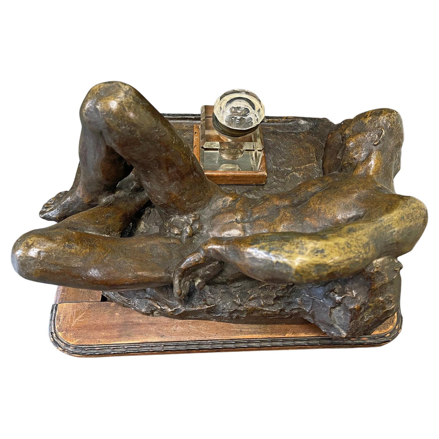 "Male Nude in Repose, " Monumental Bronze Art Deco Desk Sculpture with Inkwell