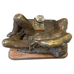 "Male Nude in Repose," Monumental Bronze Art Deco Desk Sculpture with Inkwell