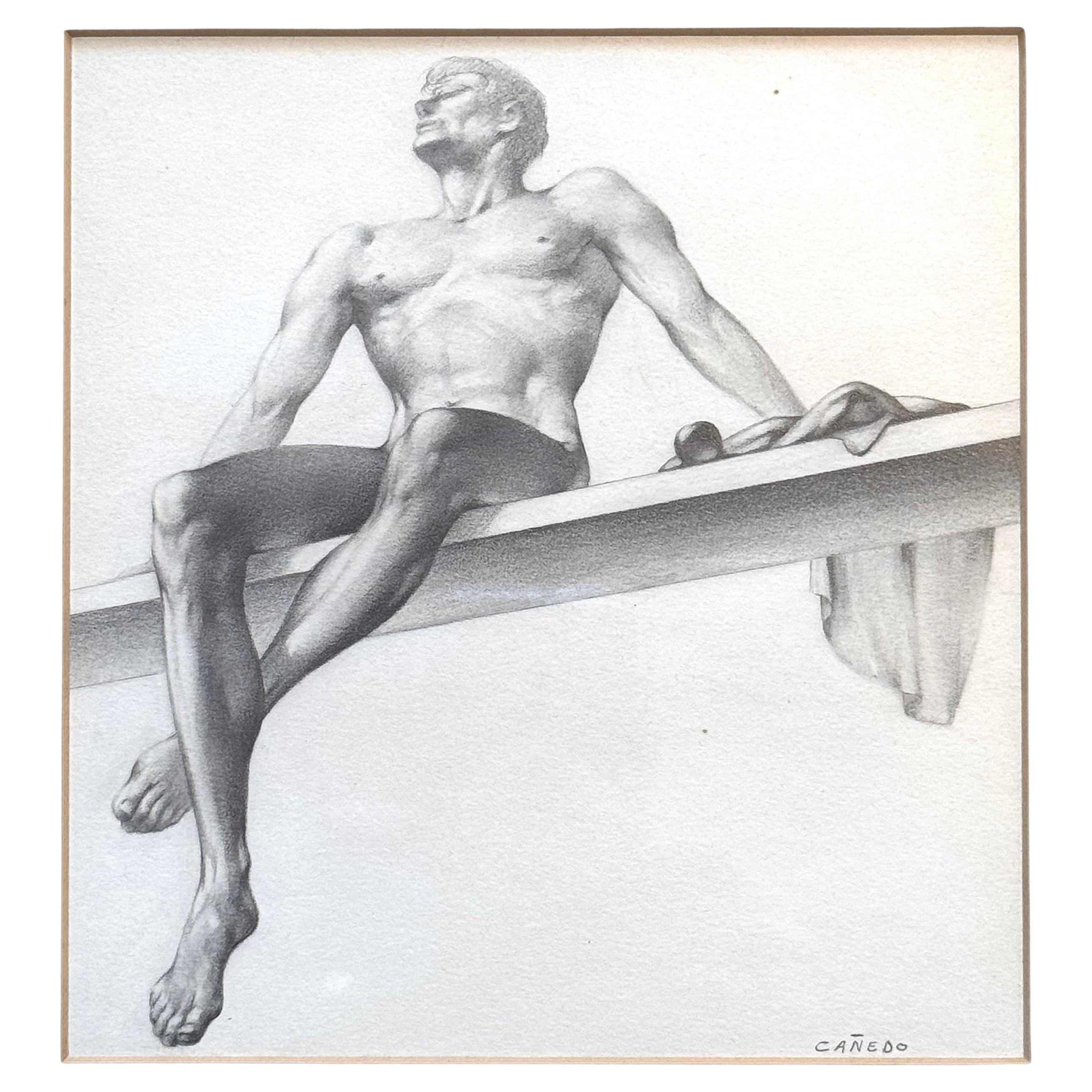 "Nu masculin sur planche", dessin d'Alexander Cañedo