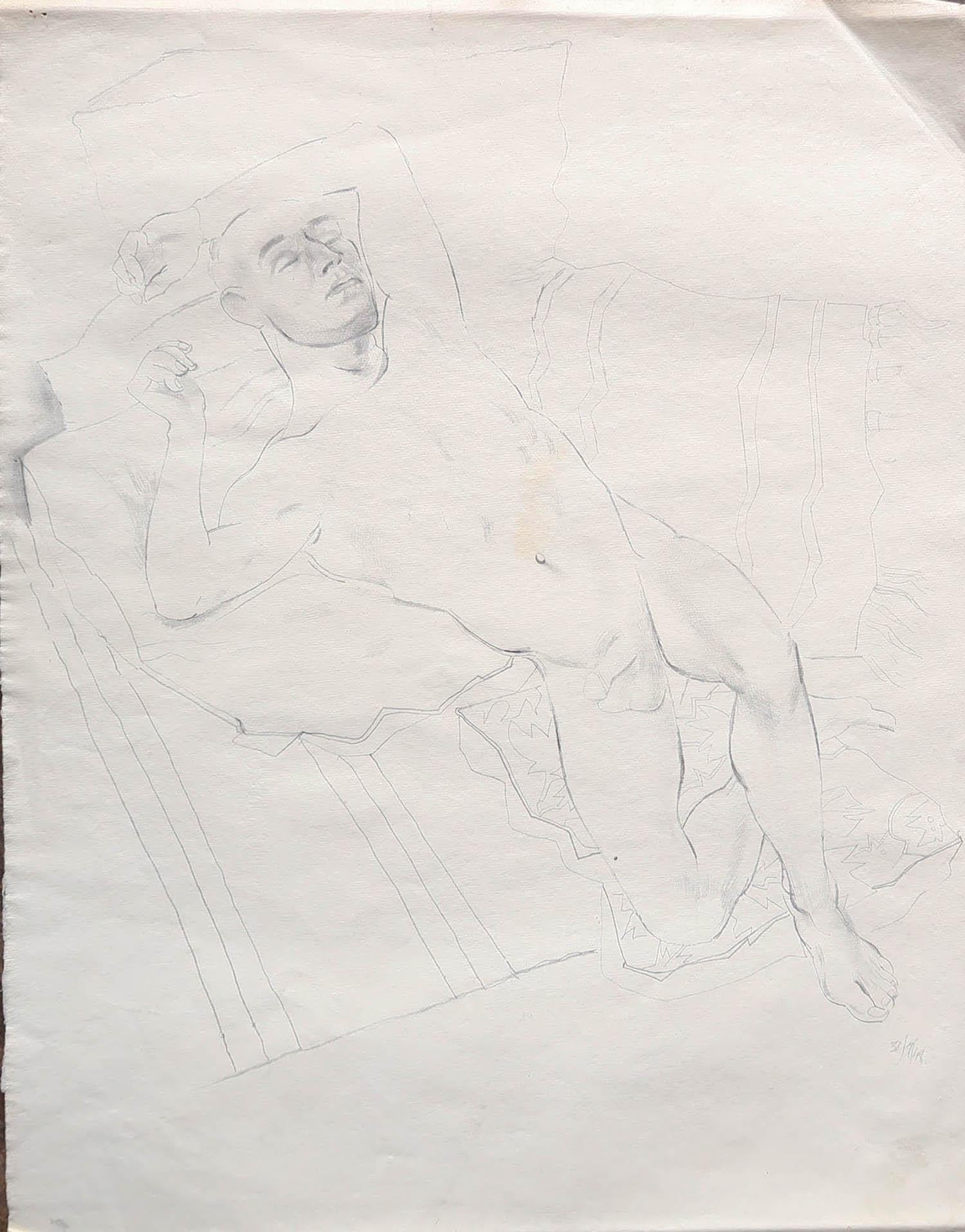 A wonderful pencil drawing on wove quality paper of a male nude by Peter William Ibbetson, an artist with good pedigree.

Sitter unknown

He was responsible for the Science Mural at the festival of Britain in 1951.

B. 1908-1975.

Crease to top