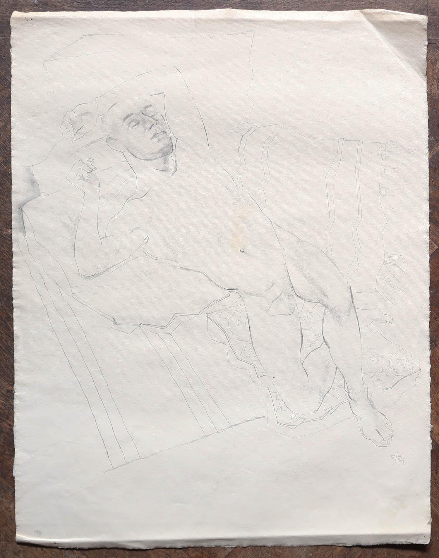 Mid-Century Modern Male Nude. Peter William Ibbetson. Graphite On Paper. Dated 1948