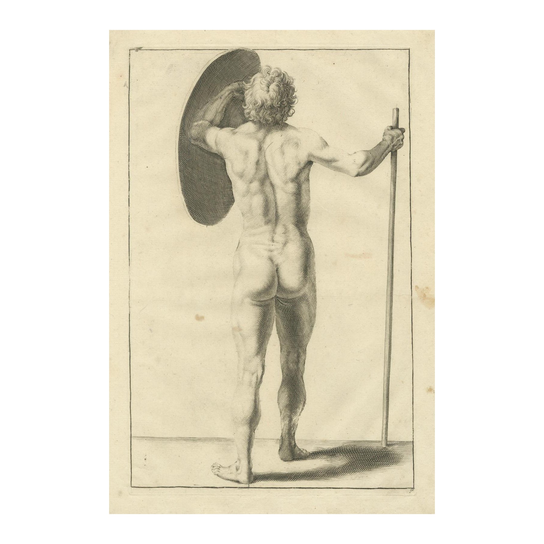 Desnudo masculino visto de espaldas con escudo y bastón según de Lairesse, c1745